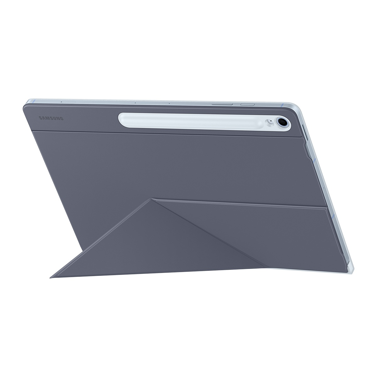 Gri bir Samsung tablet, kılıfı ile desteklenmiş. Kılıf, bir stand oluşturmak için katlanıyor. Bir kalem takılı. Arka plan beyaz.