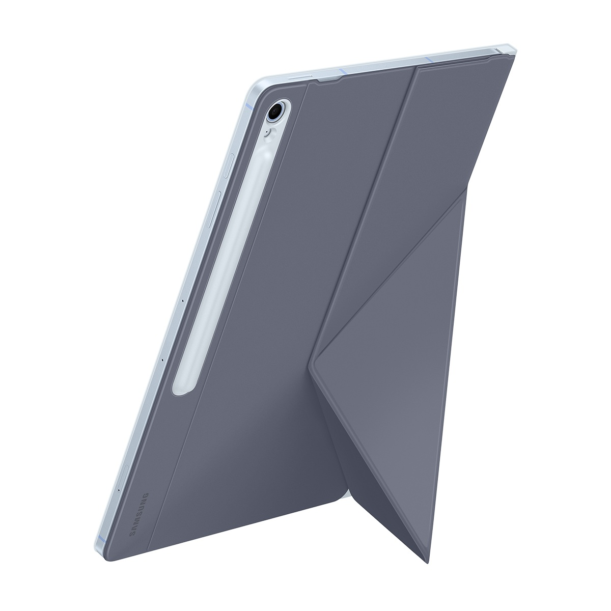 Eşleşen bir kılıfla gri bir tablet, desteklenmiş. Bir kalem takılıdır. Arka plan beyazdır.