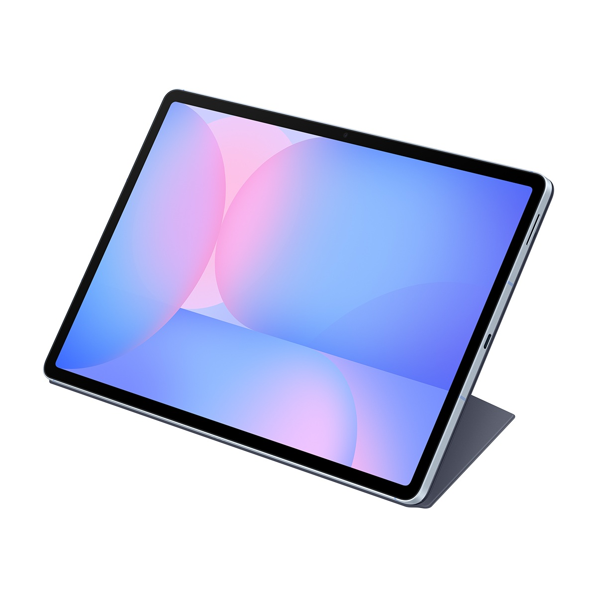 Mavi ve pembe ekranlı bir tablet beyaz bir yüzeyde açık duruyor. Ekran soyut şekiller gösteriyor.