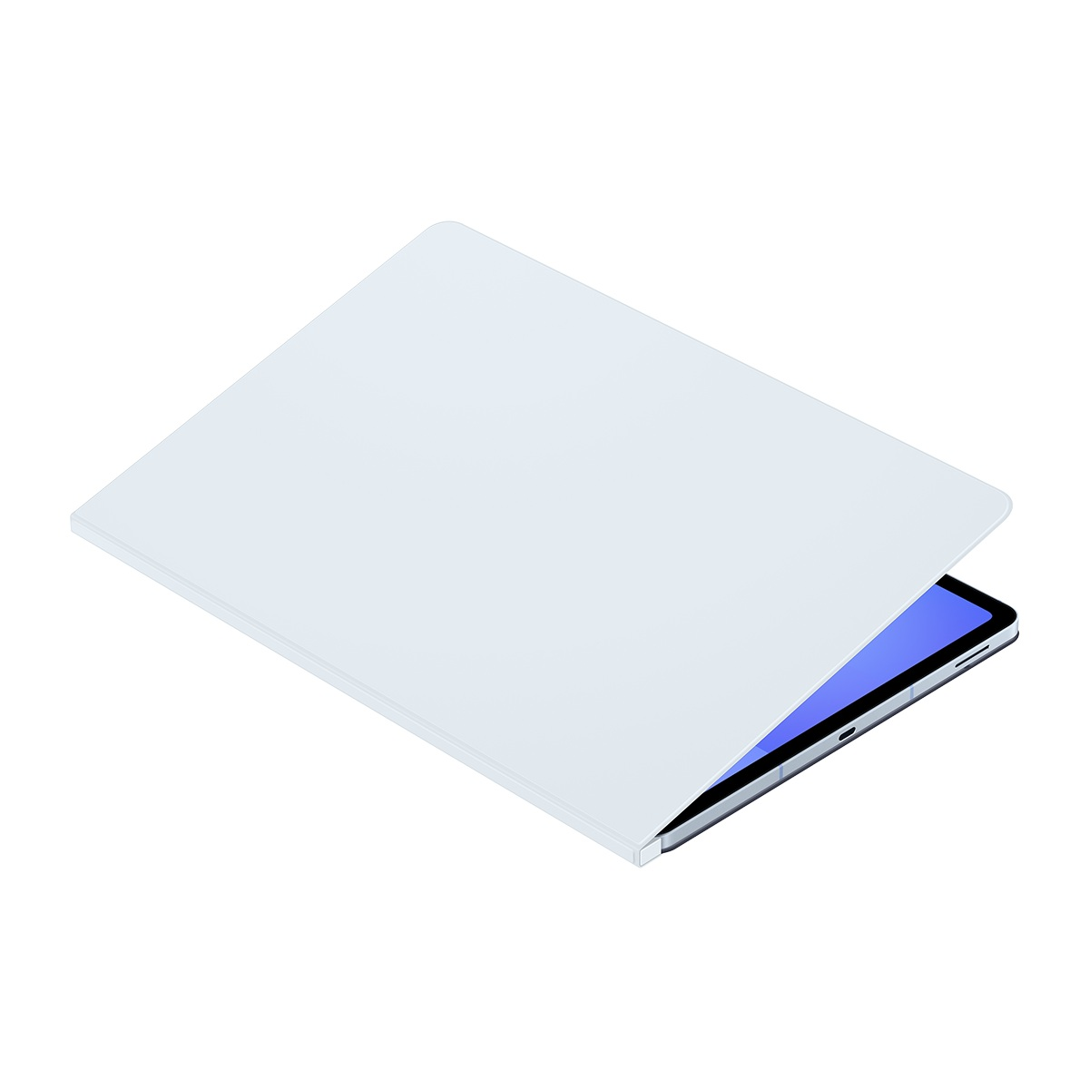 Kısmen açık bir kapağı olan beyaz bir tablet, mavi bir ekranı gösteriyor. Arka plan düz beyaz.