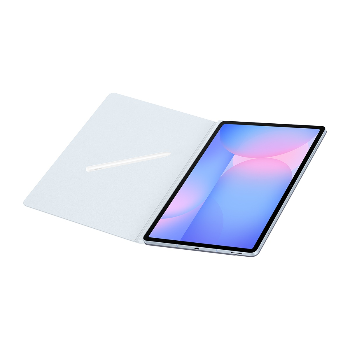 Açık mavi kılıflı ve beyaz bir kalemli tablet. Ekran, renkli bir gradyan görüntüler. Tablet beyaz bir arka plan üzerinde.