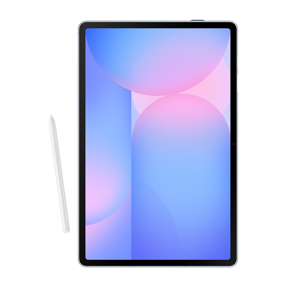 Bir kalemle bir tablet. Tablette mavi ve pembe degrade arka plan var. Kalem beyaz.