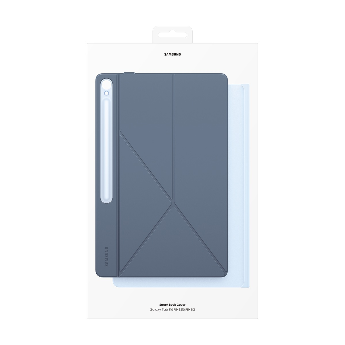 Beyaz bir kutuda Galaxy Tab S10 FE+ için bir Samsung Smart Book Cover. Kılıf, kalem tutuculu mavidir.