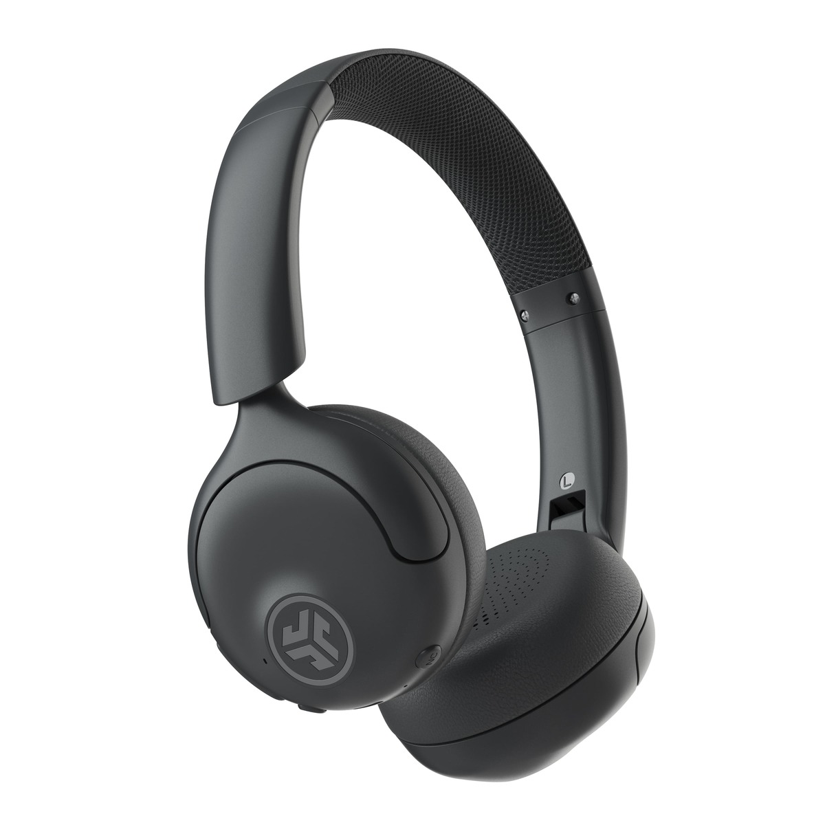 Schwarze Over-Ear-Kopfhörer auf weißem Hintergrund. Die Kopfhörer haben ein gepolstertes Kopfband und Ohrmuscheln, das JLab-Logo ist sichtbar.