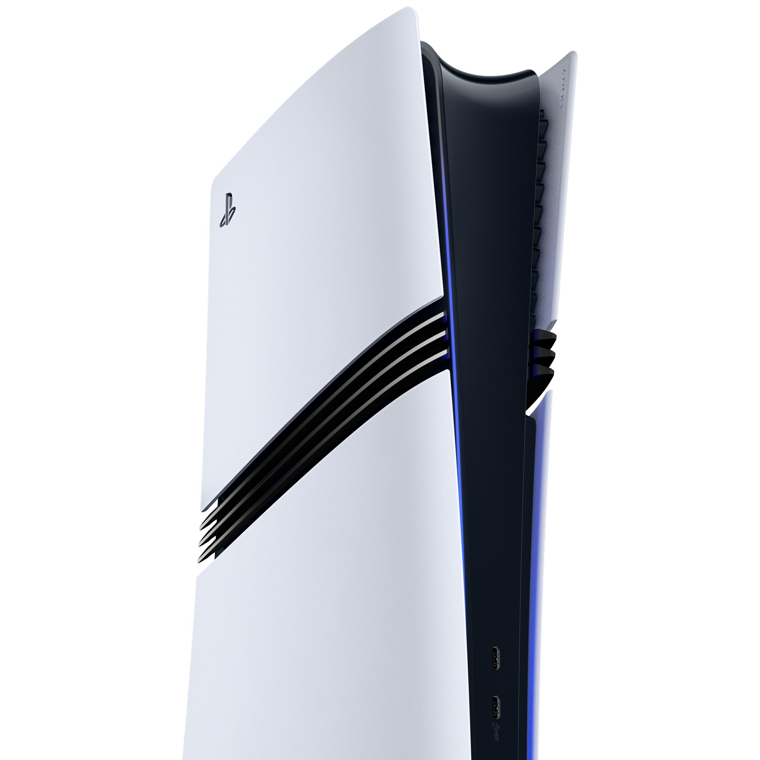 Een PlayStation 5-console, wit met zwarte accenten. Het heeft een gebogen ontwerp, met een zwarte streep en zichtbare poorten.
