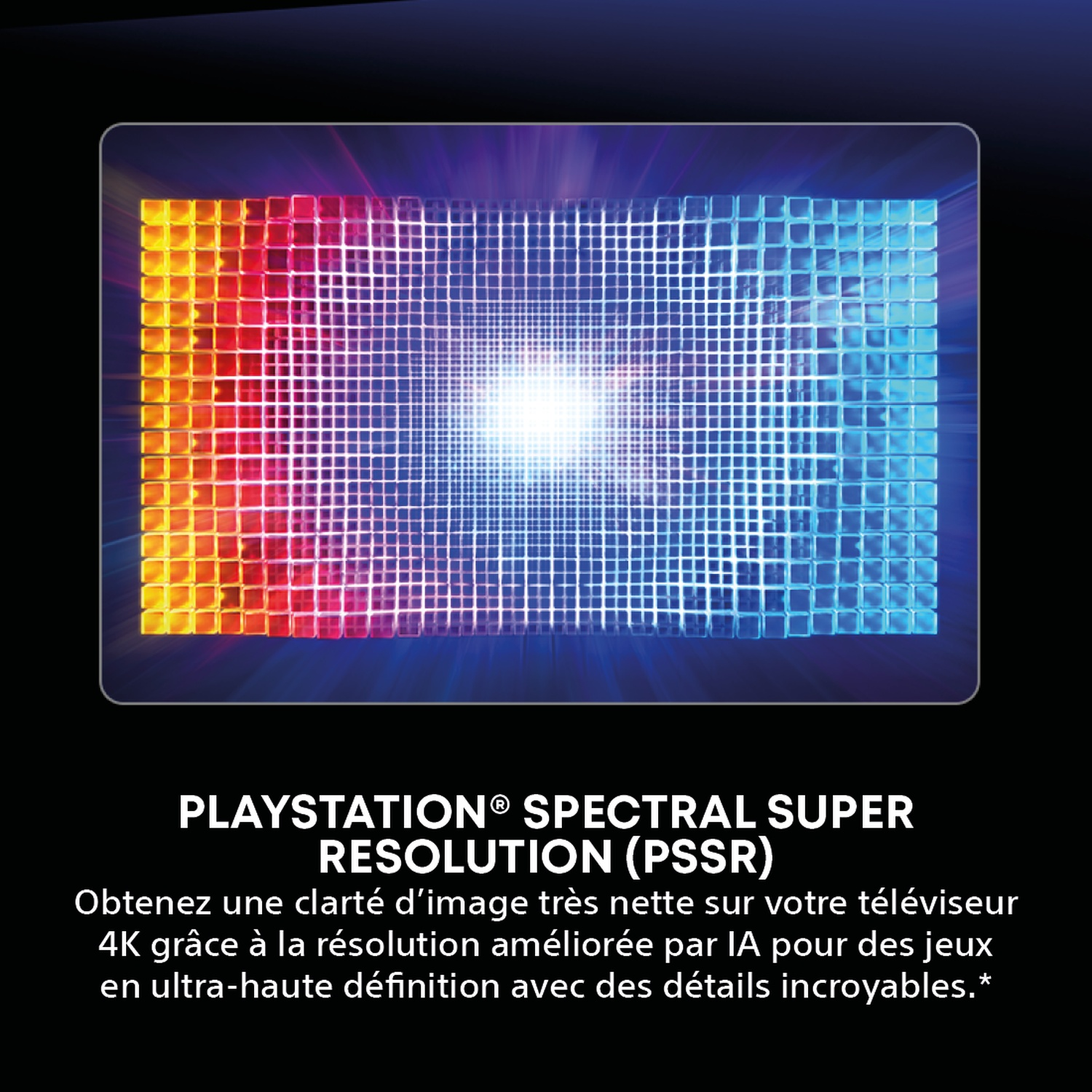 Image d'un écran avec une grille, passant du rouge au bleu, avec le texte 'PLAYSTATION SPECTRAL SUPER RESOLUTION'.