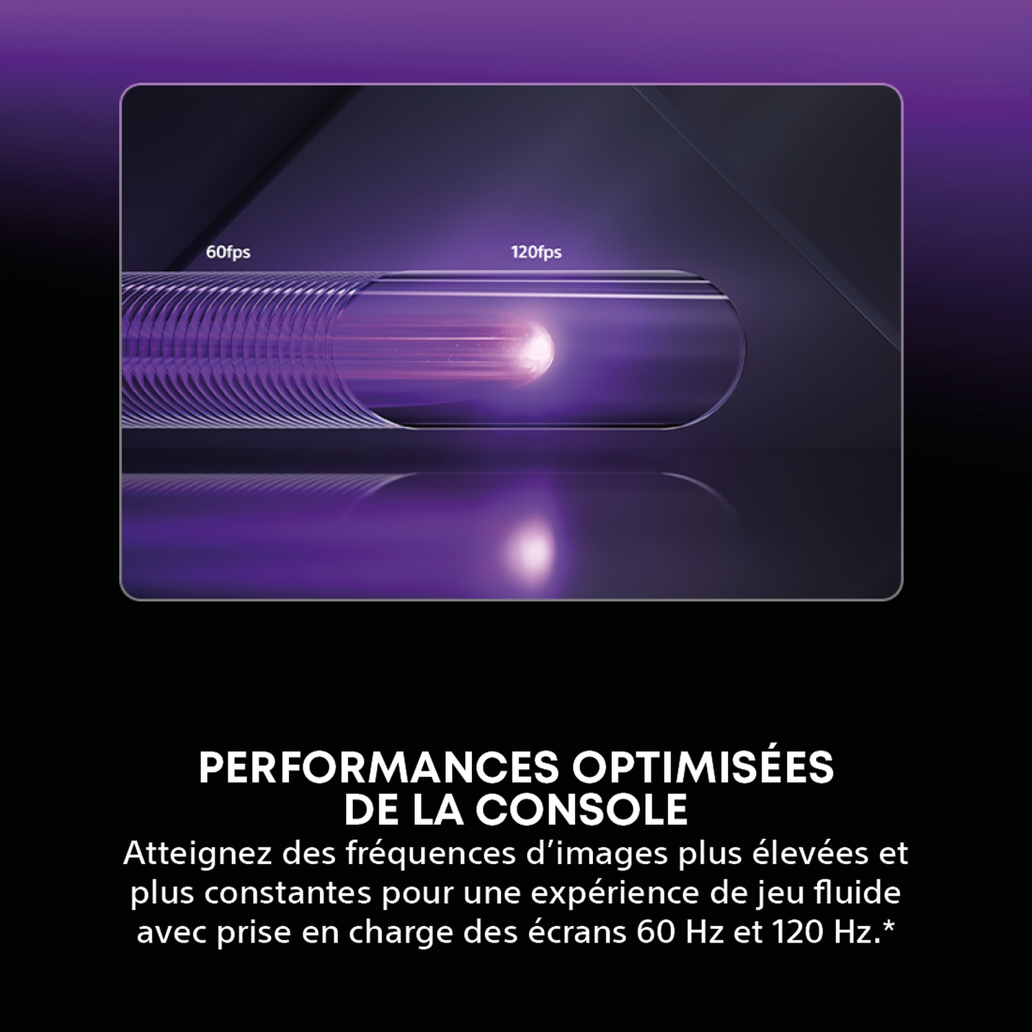 L'image montre un flux violet avec des étiquettes 60fps et 120fps, texte sur l'optimisation des performances de la console et une expérience de jeu fluide.