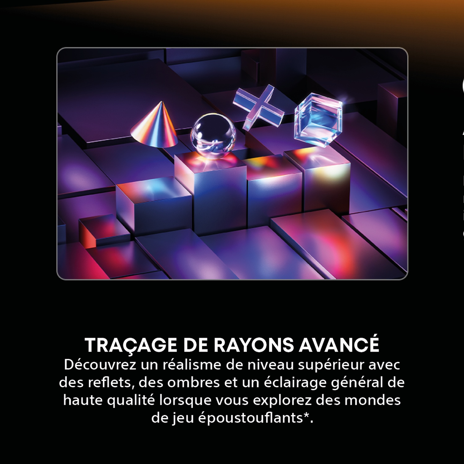 Image abstraite avec des formes géométriques sur fond sombre. Un cône, une sphère, une croix et un cube sont présents.