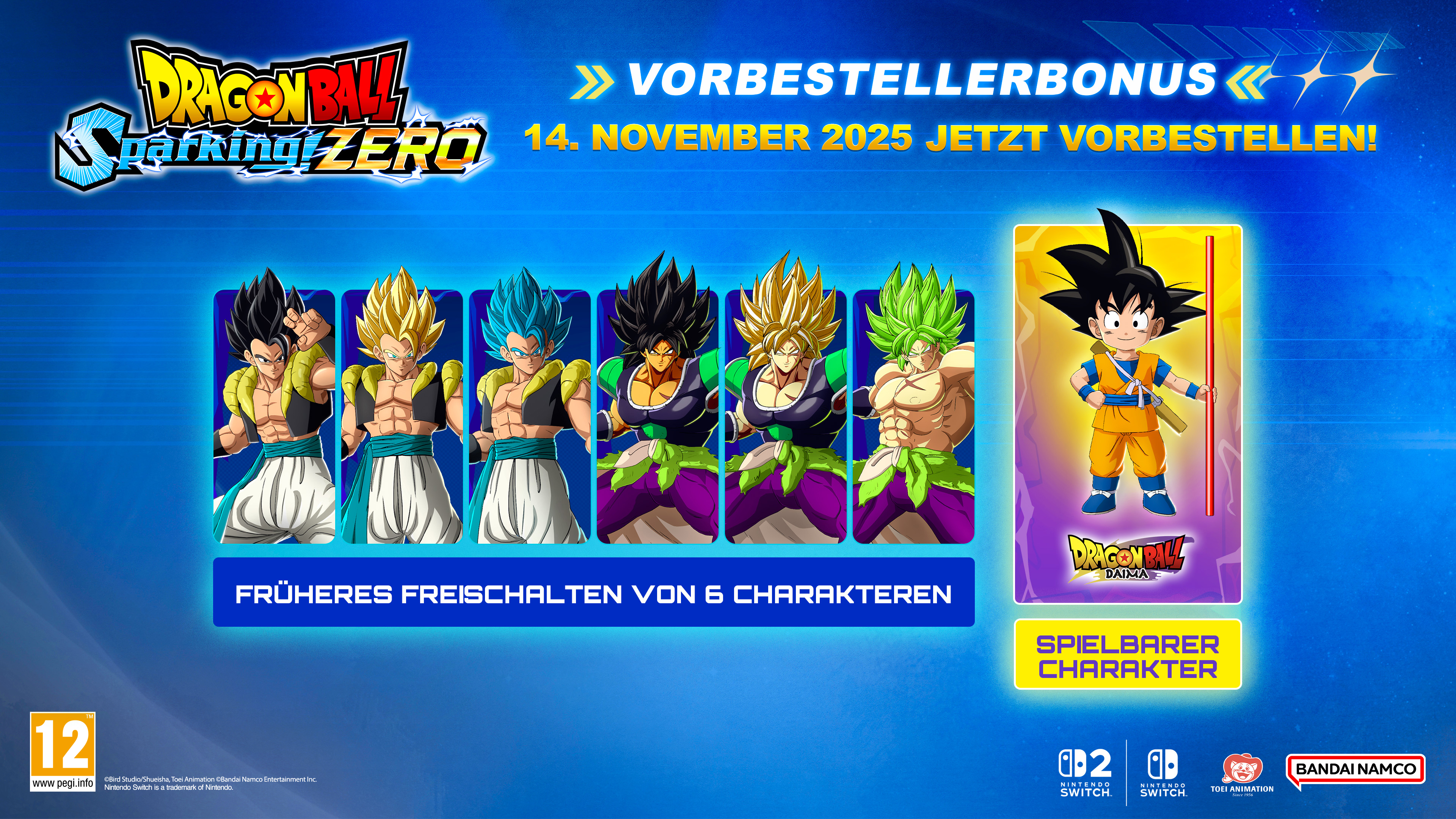 Dragon Ball-Spielwerbung. Enthält Charaktere, Logo und eine Goku-Charakterkarte. Enthält Veröffentlichungsdatum und Vorbestellinfos.
