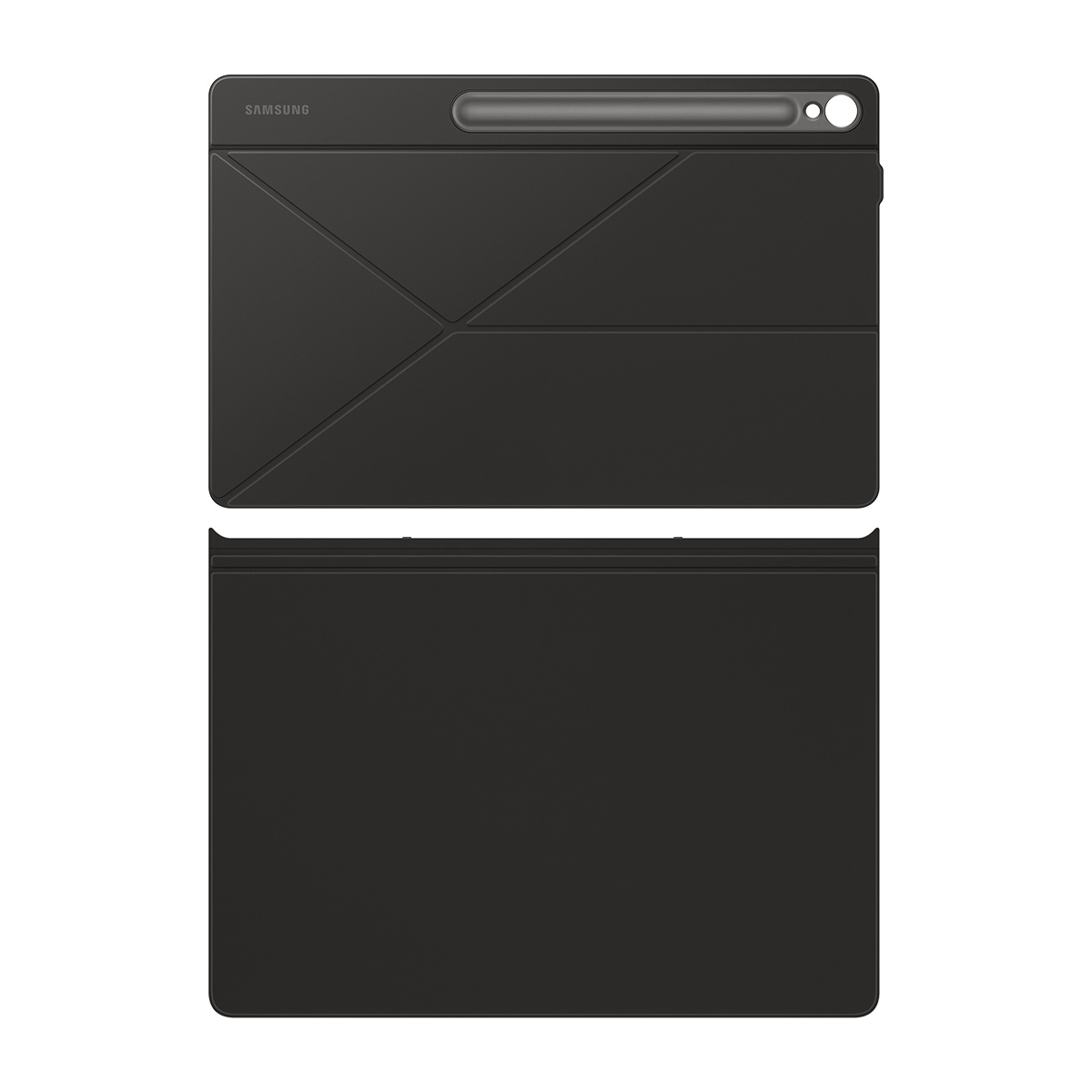 Siyah Samsung tablet kılıfı, katlanmış ve açılmış. Üst kısımda kalemlik ve Samsung logosu var. Açılmış kısım altta.