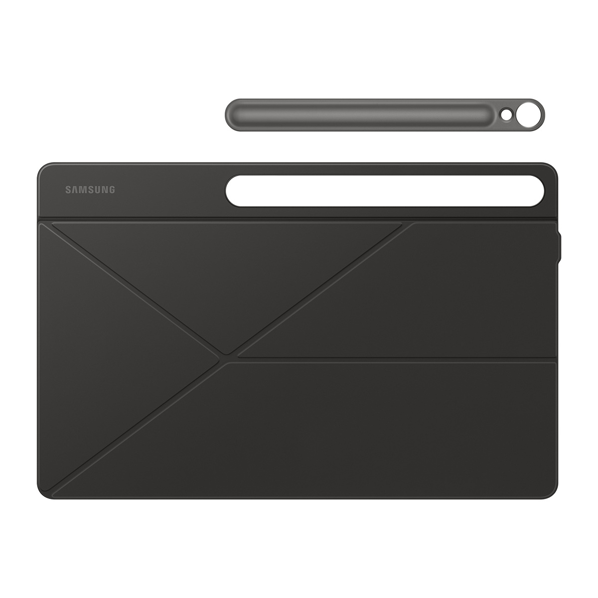 Karanlık gri bir tablet kılıfı ve kalem beyaz bir zemin üzerinde sergileniyor. Kılıf katlanmış ve bir Samsung logosu var.