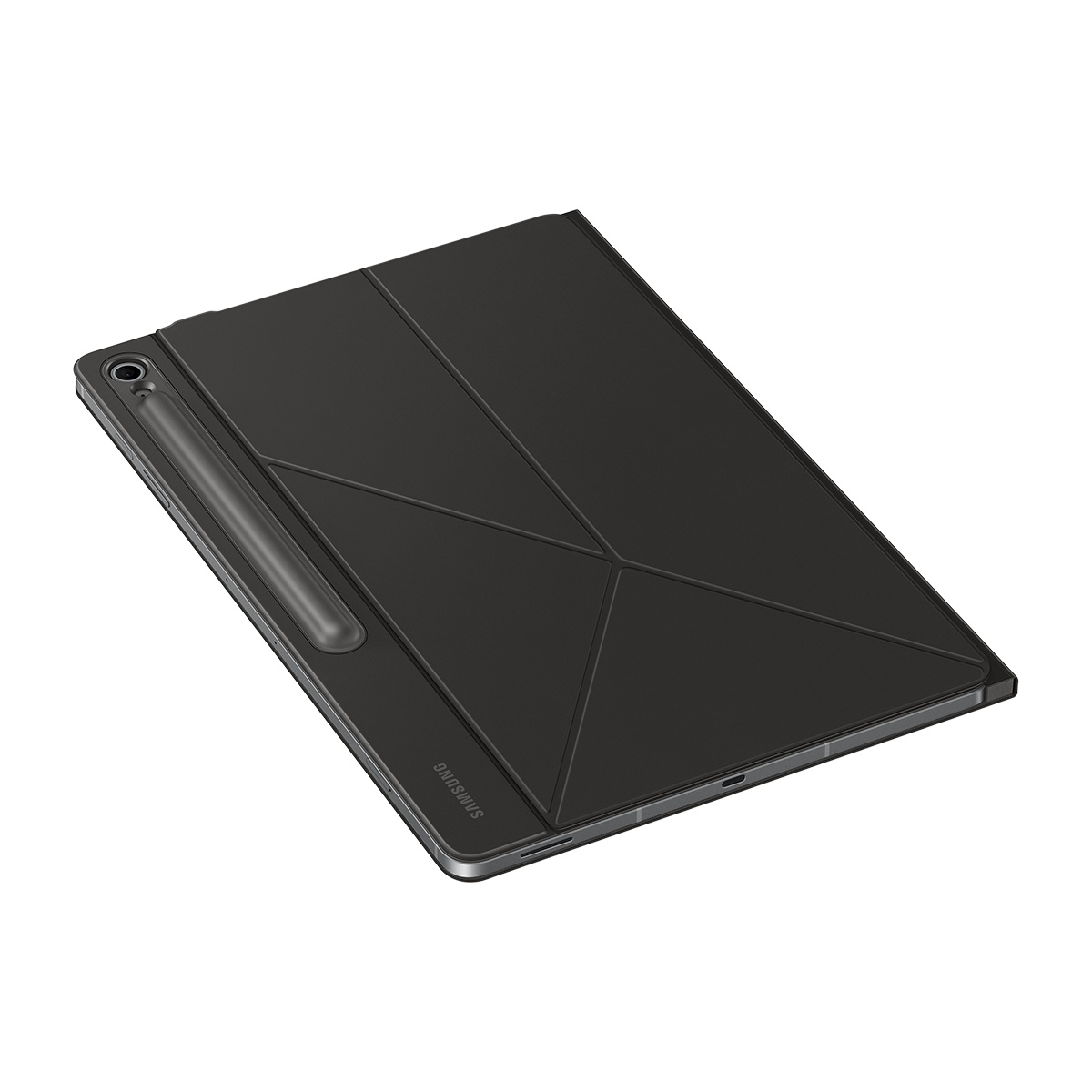 Geometrik desenli kılıfı ve kalemi olan siyah bir tablet. Arka plan beyaz.