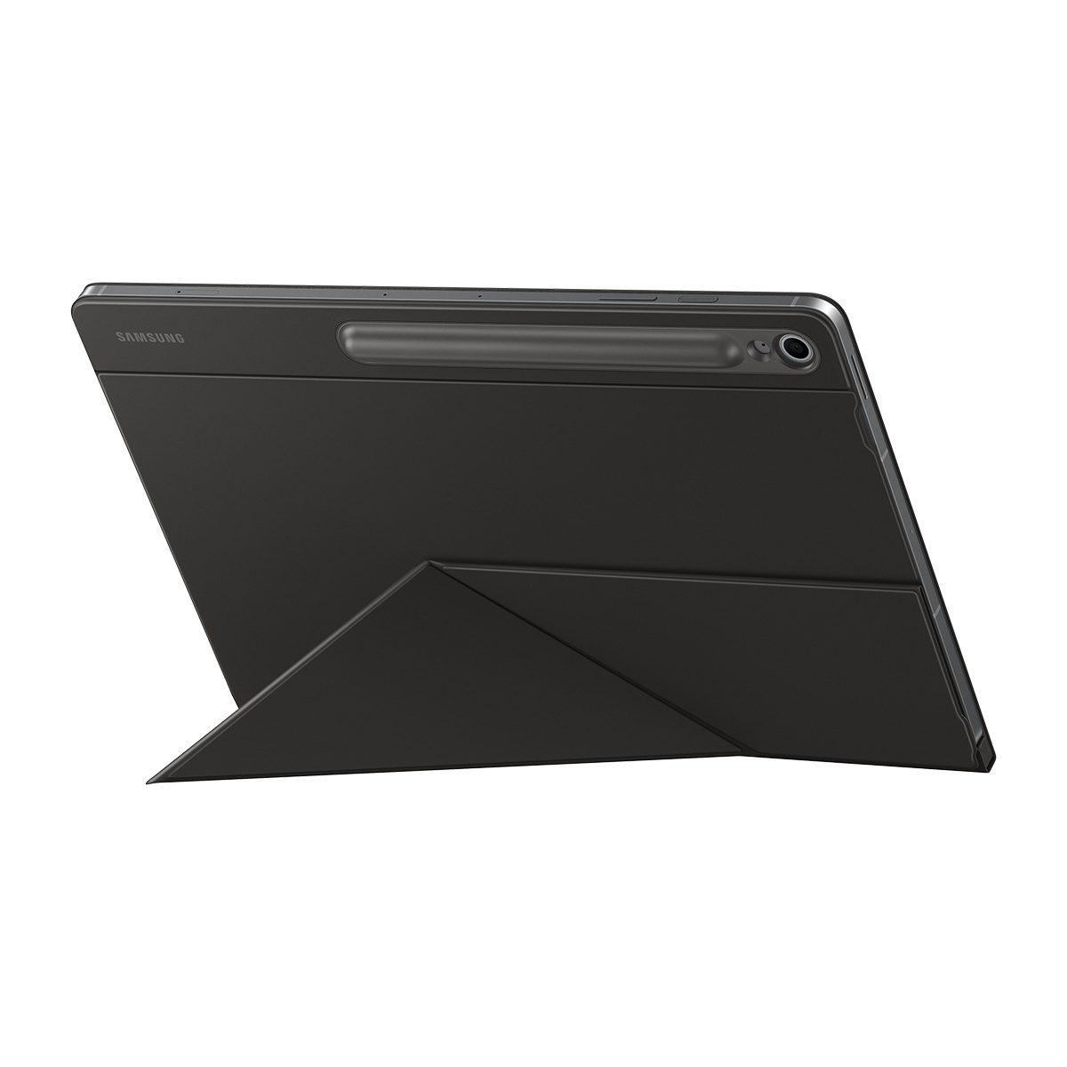 Koruyucu kılıflı siyah bir tablet destekleniyor. Kılıf, tableti bir açıyla desteklemek için katlanmıştır. Samsung logosu görünür.