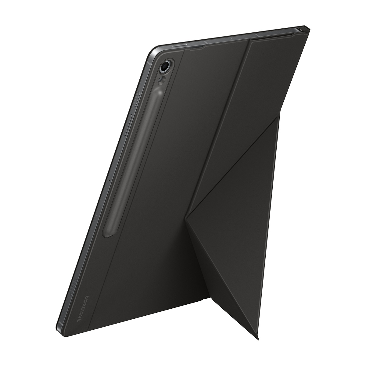 Siyah tablet ve kılıf, desteklenmiş. Kılıf, bir stand oluşturmak için katlanır. Bir kalem tabletin yan tarafına takılıdır.