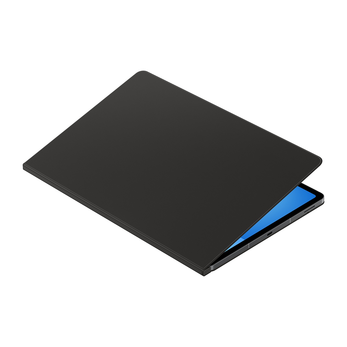 Siyah bir tablet, siyah bir kapakla hafifçe açık. Ekran mavi bir arka planla görünür.