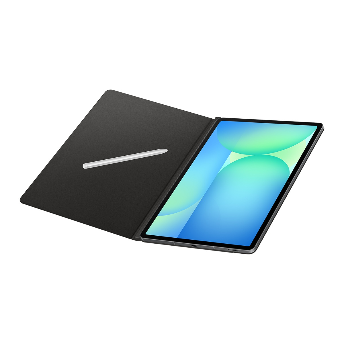 Açık kılıflı tablet. Siyah kılıfın üzerinde beyaz bir kalem duruyor. Tablet ekranı mavi ve yeşil bir gradyan gösteriyor.
