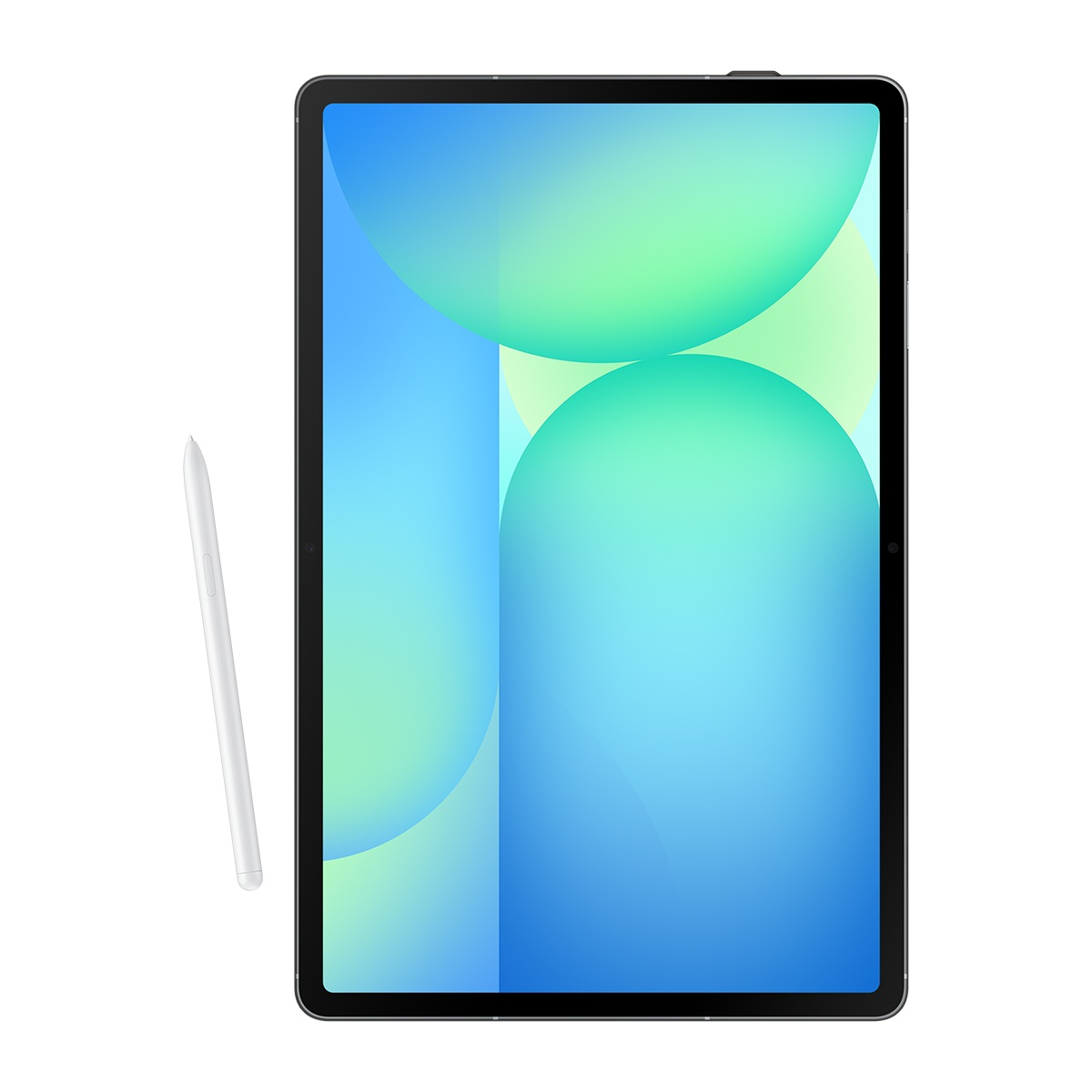 Bir tablet ve bir kalem. Ekran mavi ve yeşil bir gradyan gösteriyor. Kalem beyaz.