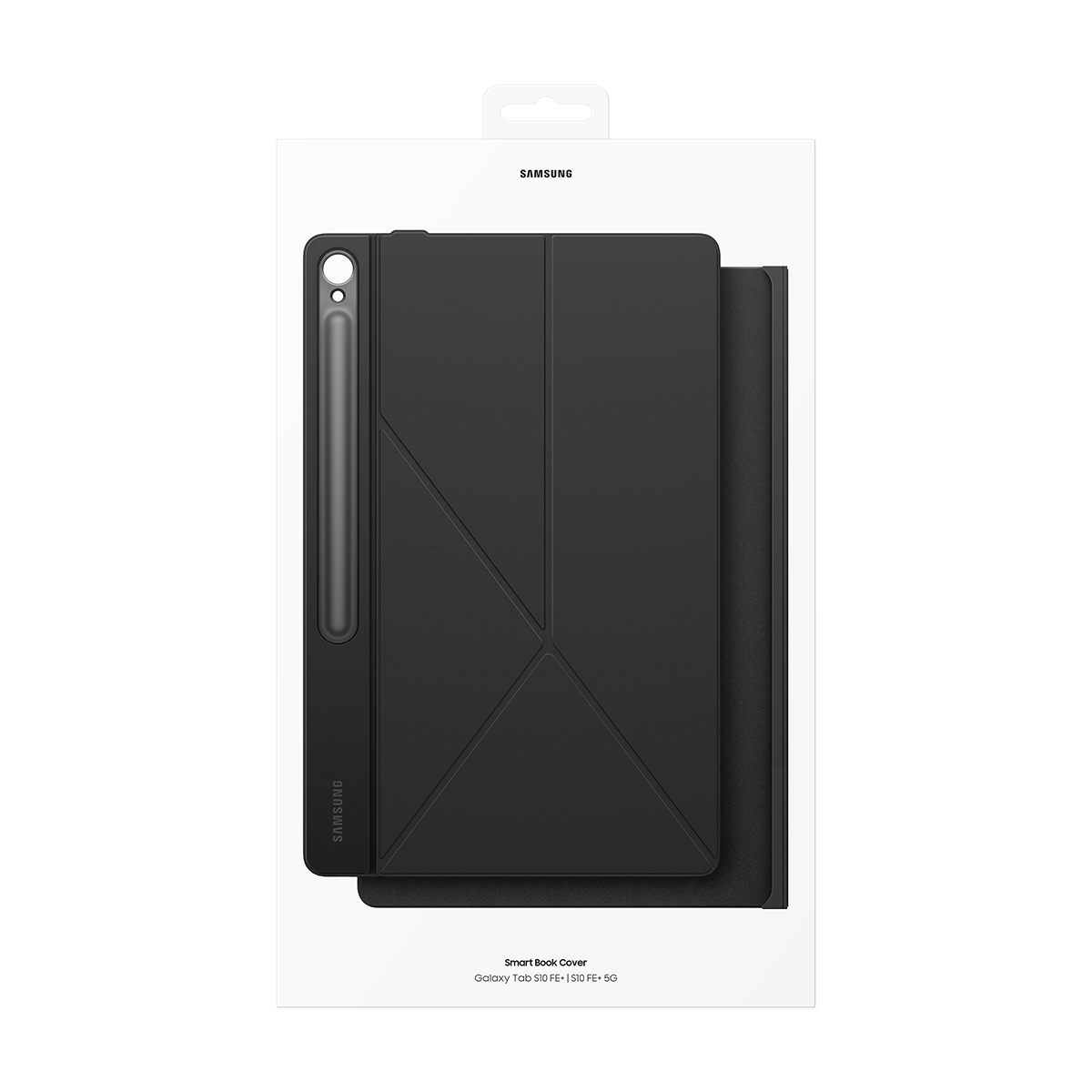 Bir tablet için siyah bir Samsung Smart Book Cover, ambalajında gösteriliyor. Ambalaj, Samsung logosu ile beyaz renktedir.