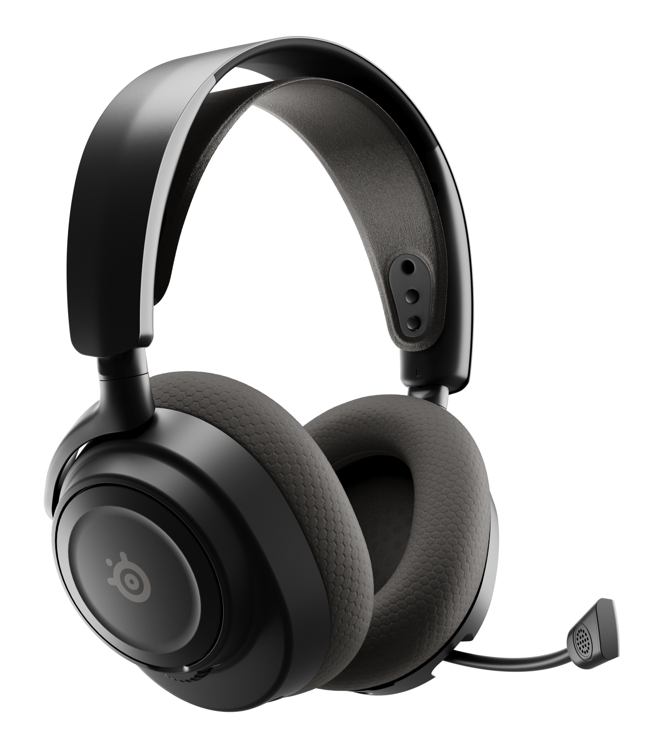 Czarne słuchawki dla graczy z mikrofonem. Cechy obejmują wyściełane nauszniki, pałąk na głowę i logo SteelSeries na słuchawce.