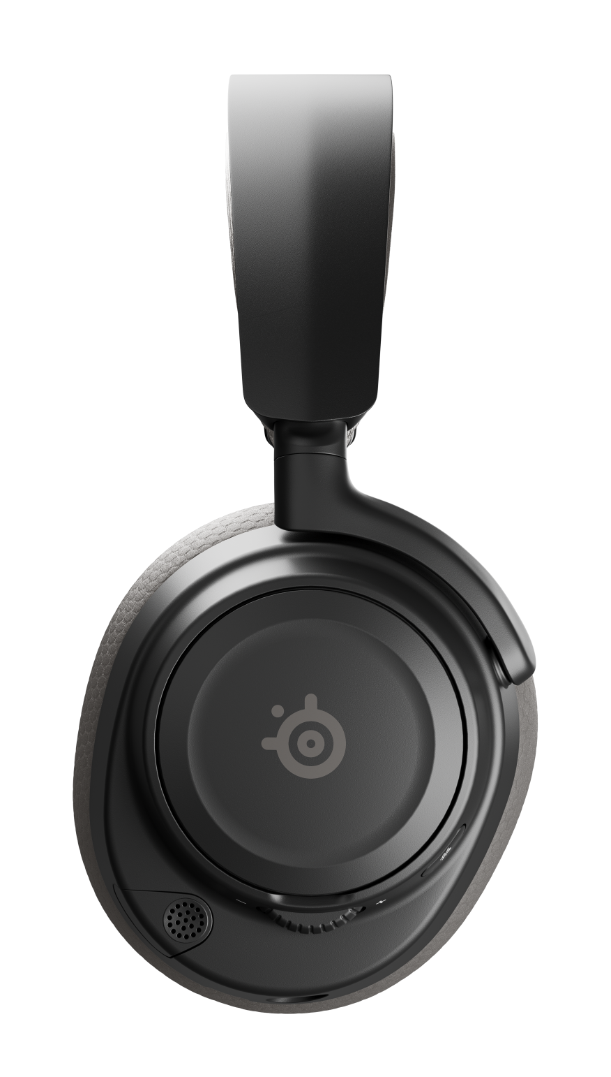 Czarne słuchawki z szarymi nausznicami na czarnym tle. Logo SteelSeries jest widoczne na nausznicach.