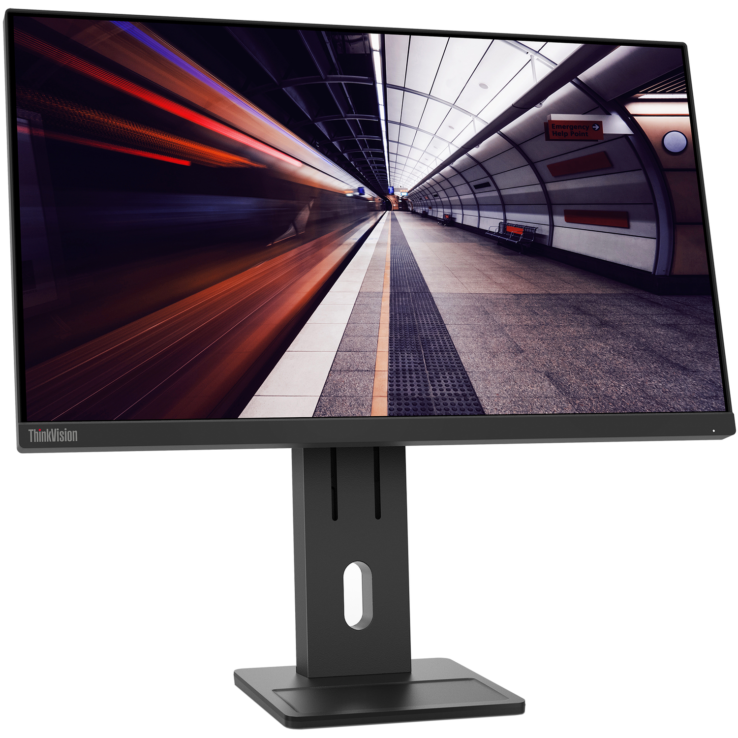 A computer monitor displays a blurred image of a subway tunnel. The monitor is black, with a black stand and a white background.