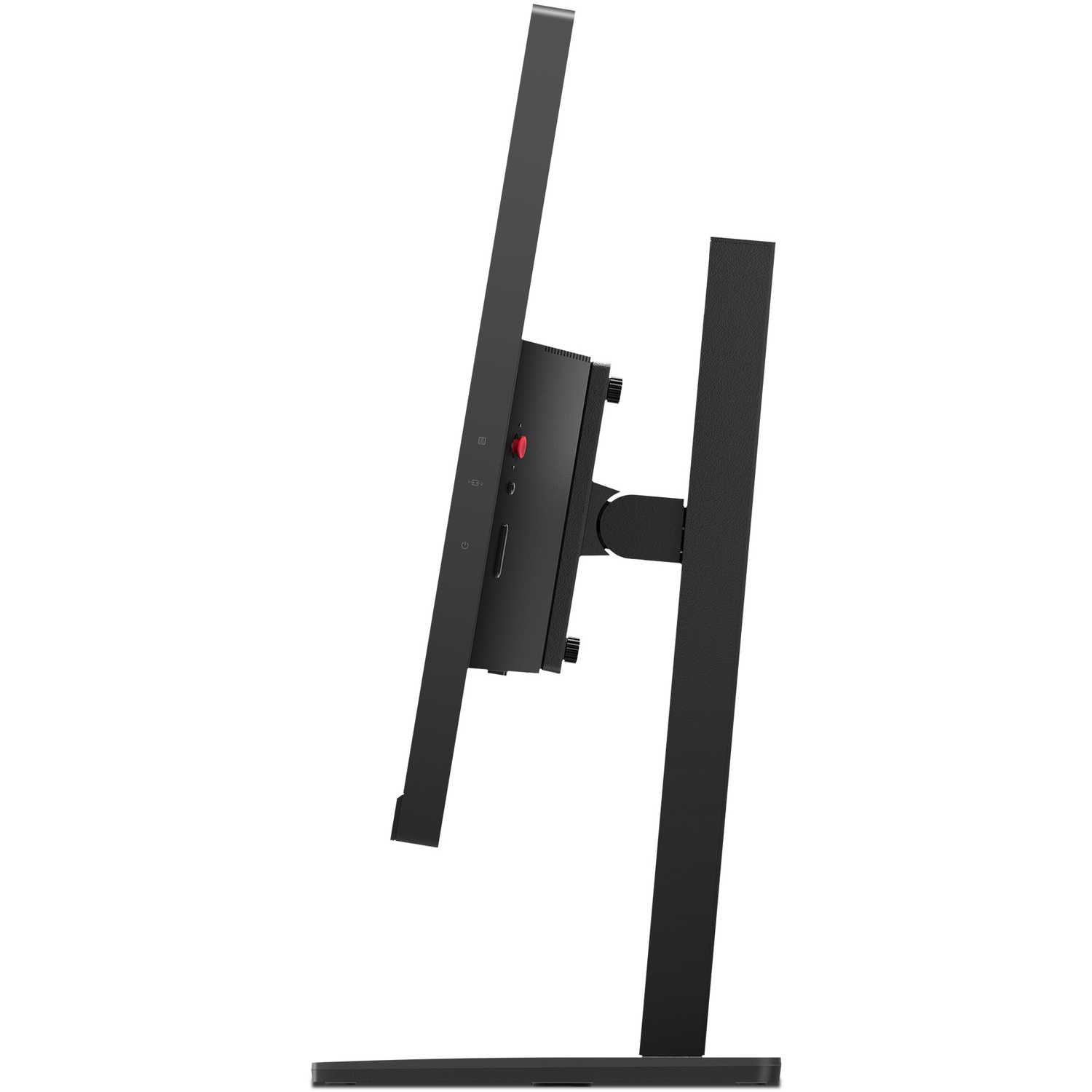 Black computer monitor on a white background. The screen and stand are visible, angled to the left.