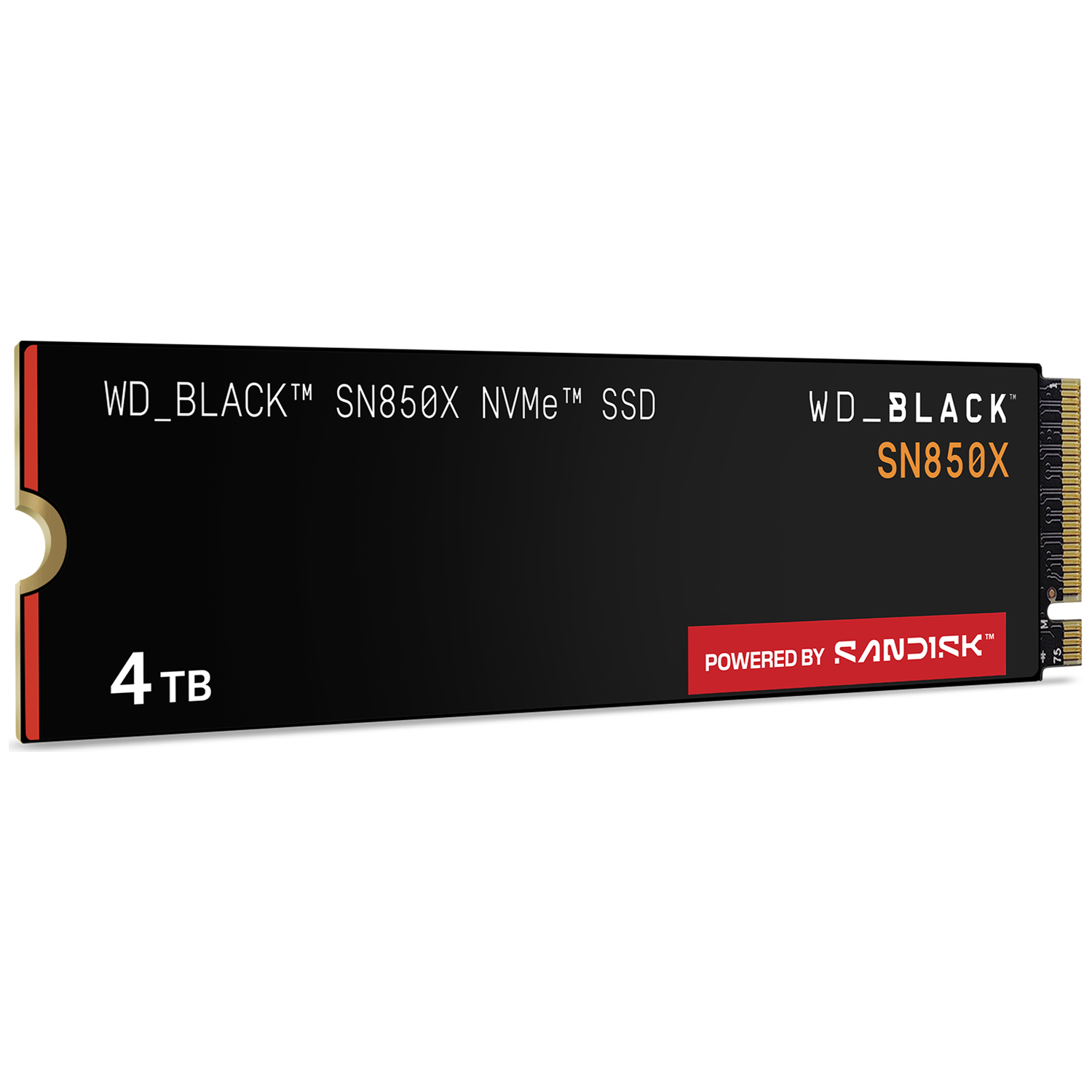 Black WD_BLACK SN850X NVMe SSD. It has 4TB capacity. Powered by Sandisk. The text 'SN850X' is in orange.