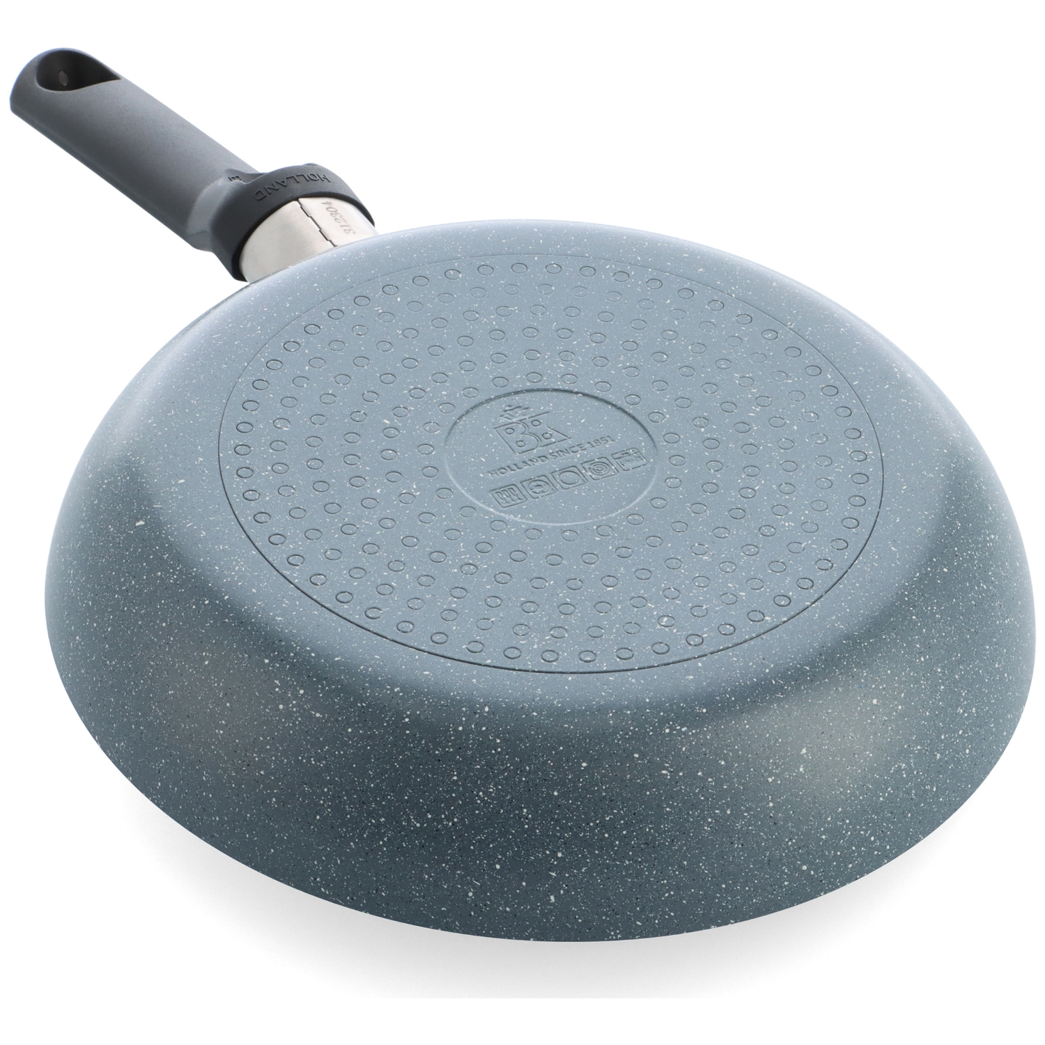 Bottom of a frying pan. It is gray with white speckles. The handle is dark gray. The brand name is visible.