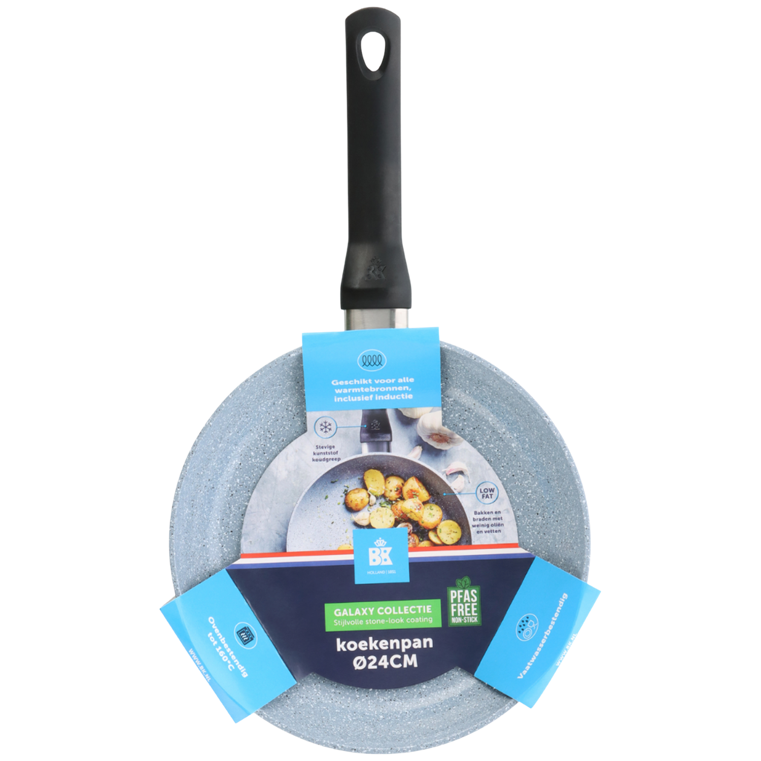 A gray stone-look frying pan with a black handle, promotional tags, and the brand BK. The pan is on a white background.