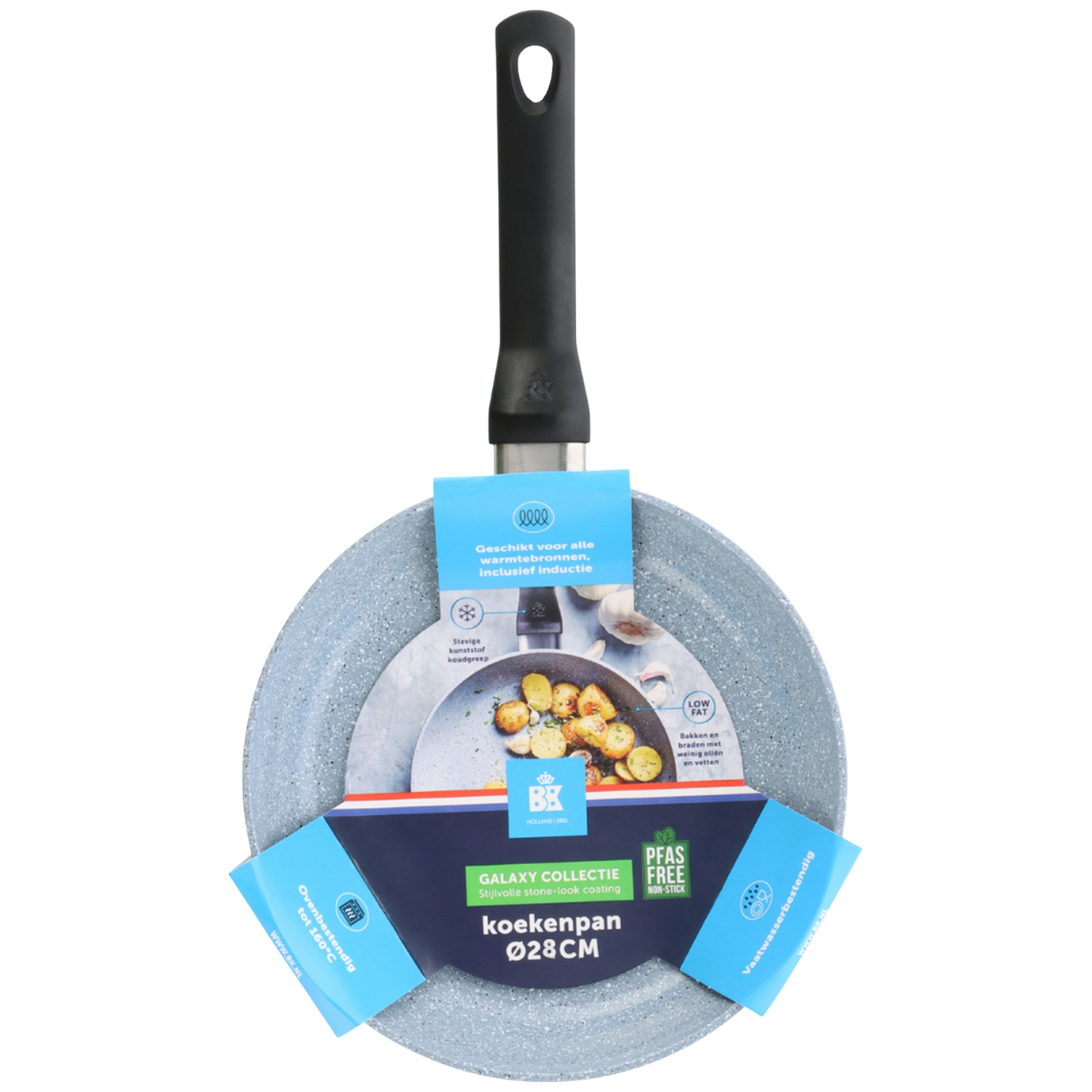 A grey stone-look frying pan with a black handle, various labels with text, and a blue tag. The pan is labeled as PFAS free.