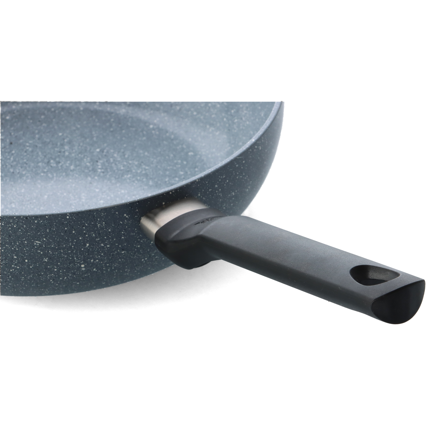 Close-up of a speckled gray frying pan with a black handle. The pan is set against a white background, highlighting its details.
