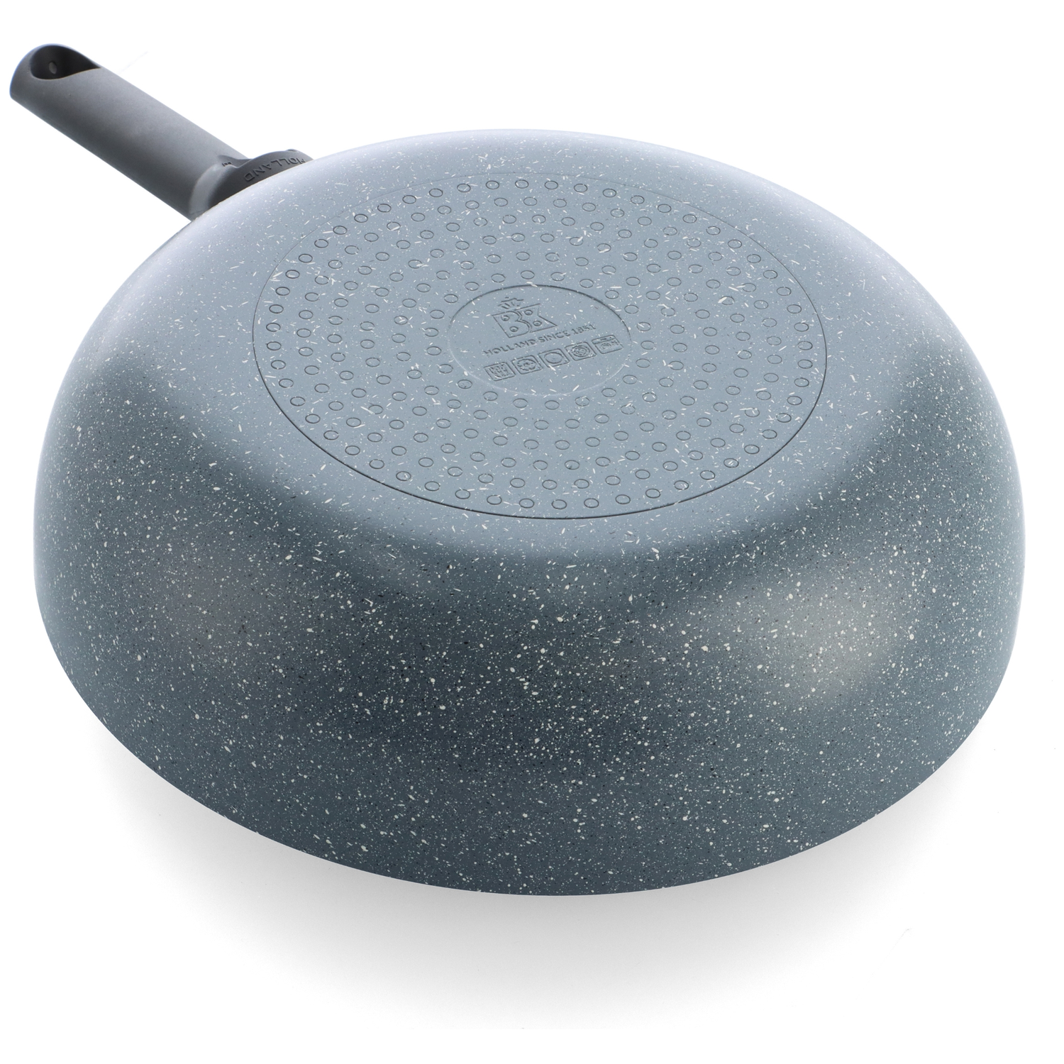 Underside of a grey speckled wok with a black handle. The base has a textured pattern and a brand logo. Isolated on white.