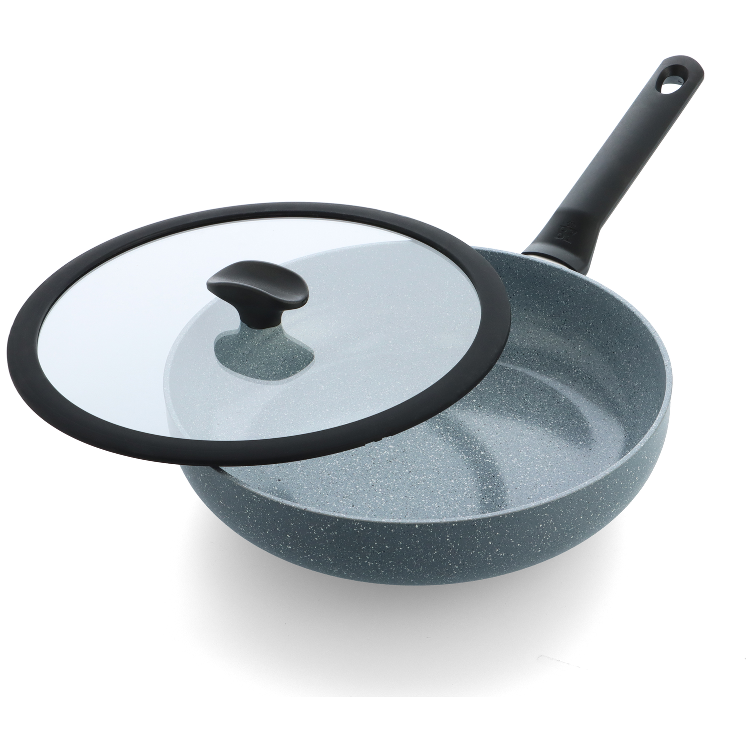 A frying pan with a glass lid. The pan is gray with black handle. The lid is partially open.