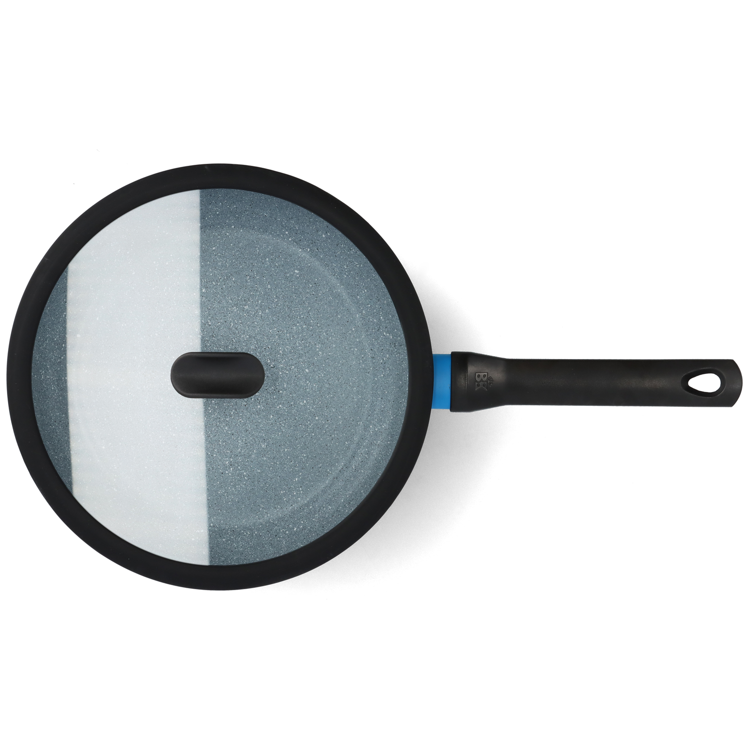 A frying pan with a glass lid. The pan is black with a gray interior. The handle is black with a blue accent.