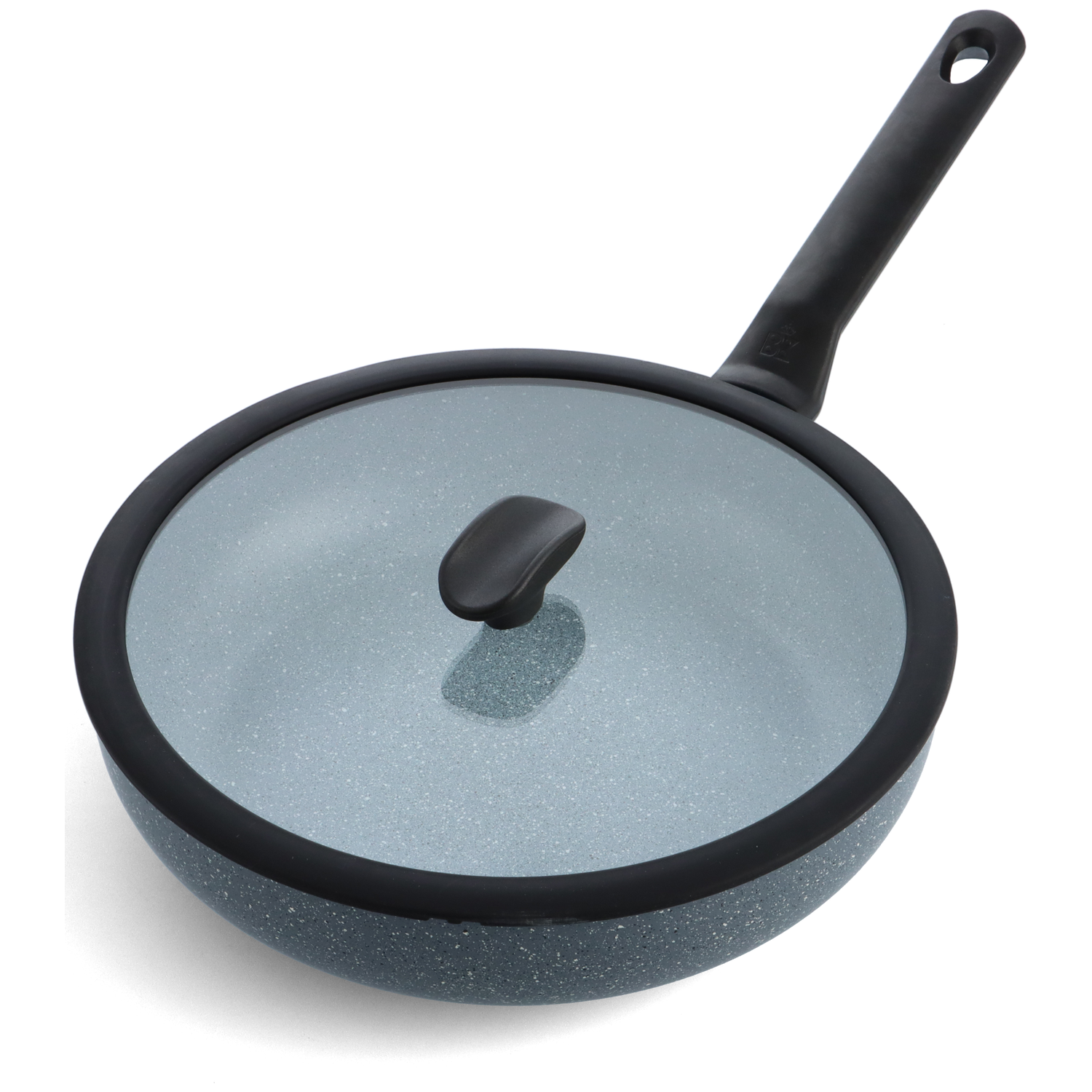 A frying pan with a glass lid. The pan is dark gray, with a black handle and lid rim. The lid has a black handle.
