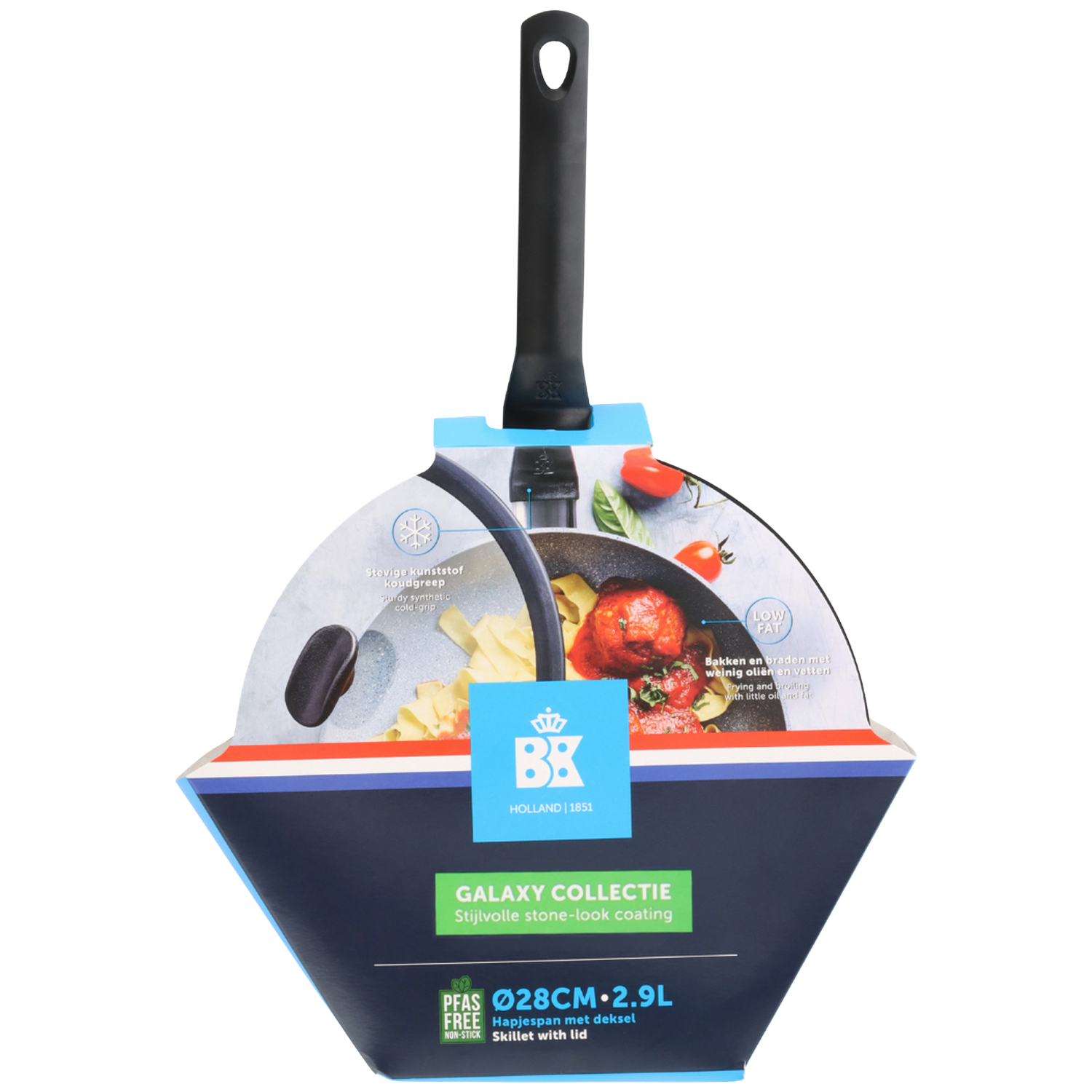 A black frying pan with a long handle, packaged in a colorful cardboard with text and images of food.