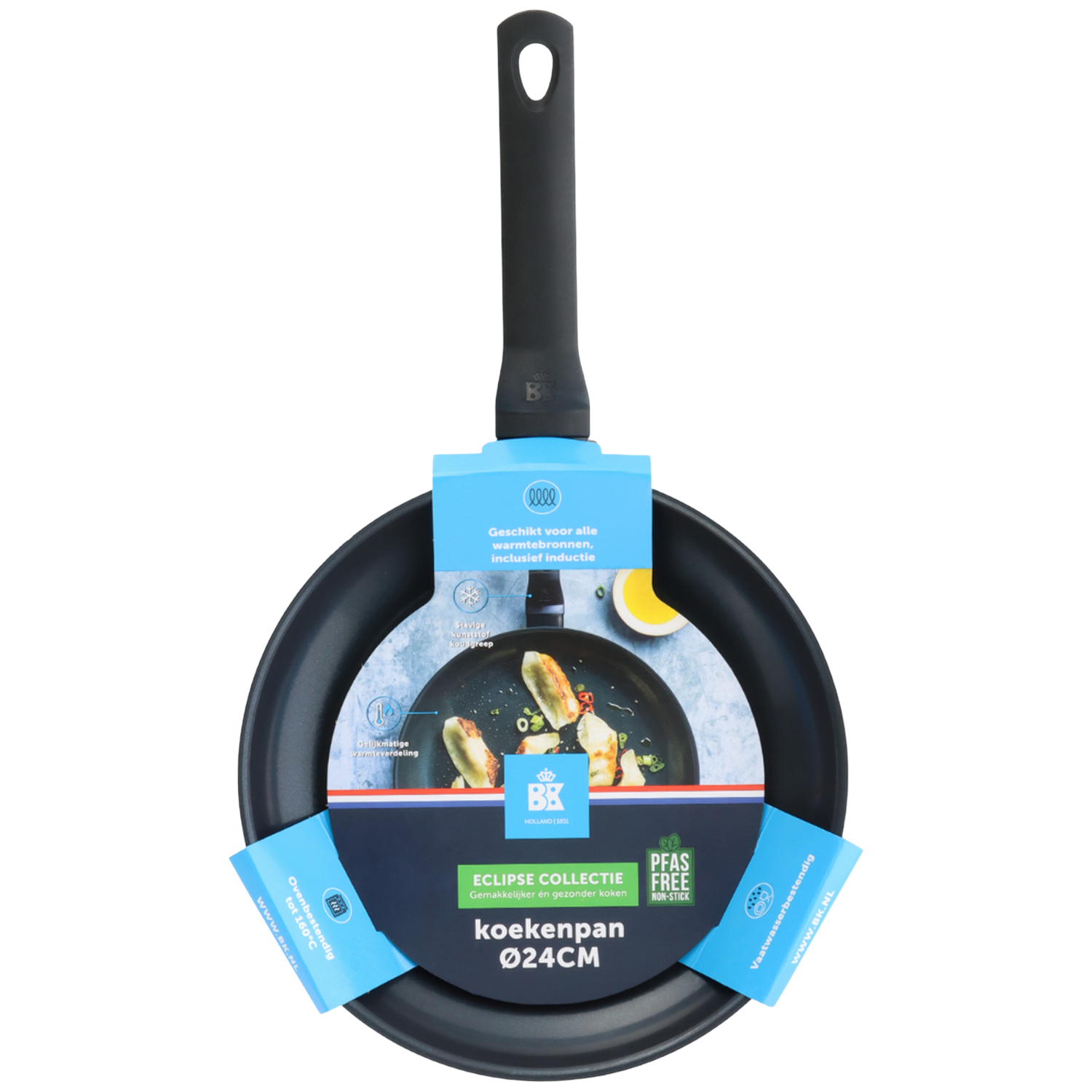 A black frying pan with a long handle and a label attached. The label includes text in Dutch. The pan is on a white background.