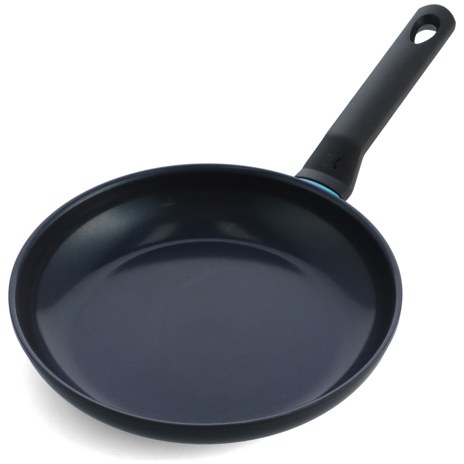 A dark blue frying pan with a black handle, set against a white background. The handle has a hole for hanging.