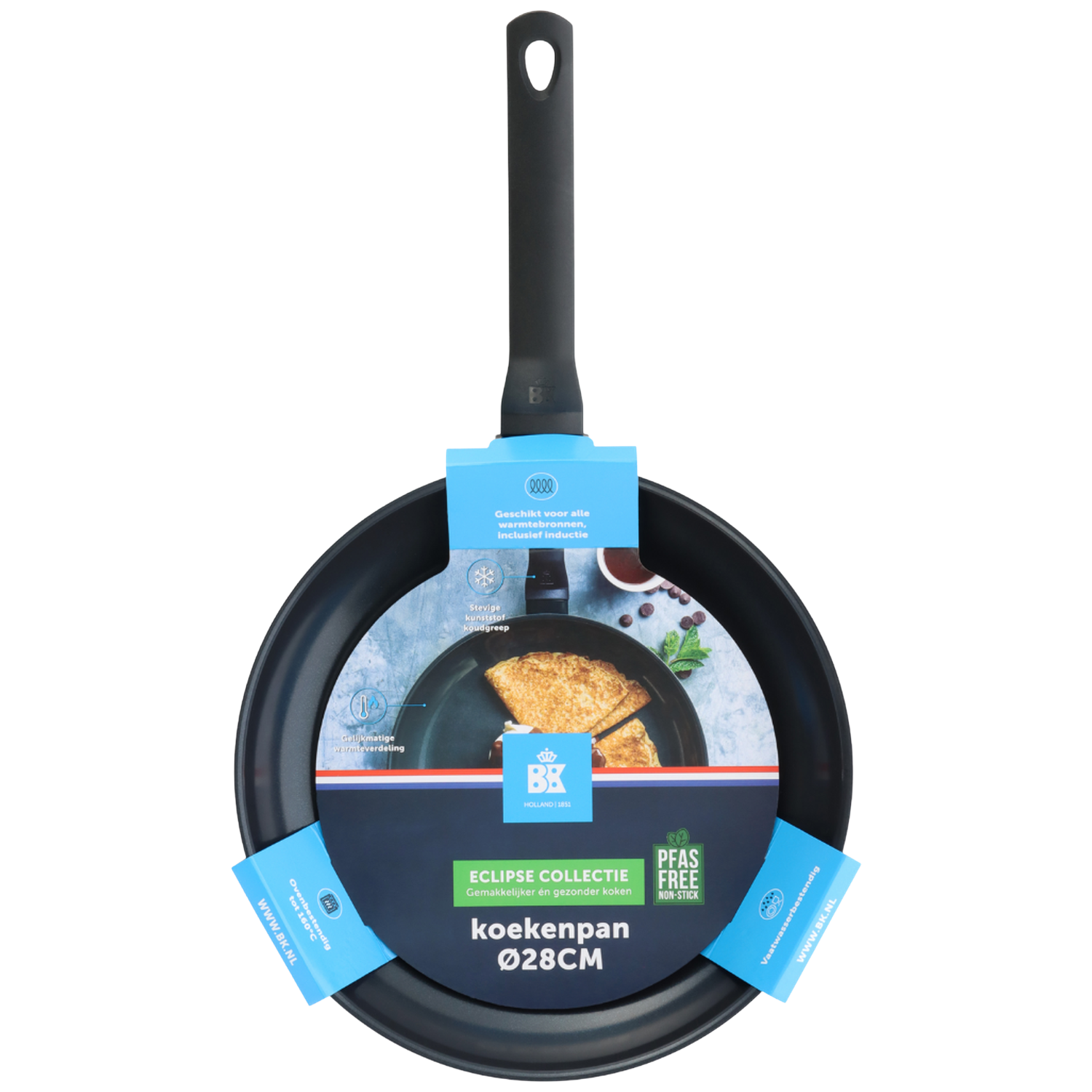 Black frying pan with a long handle. It has labels with text. The pan is on a white background. The pan is labeled as Eclipse Collection.