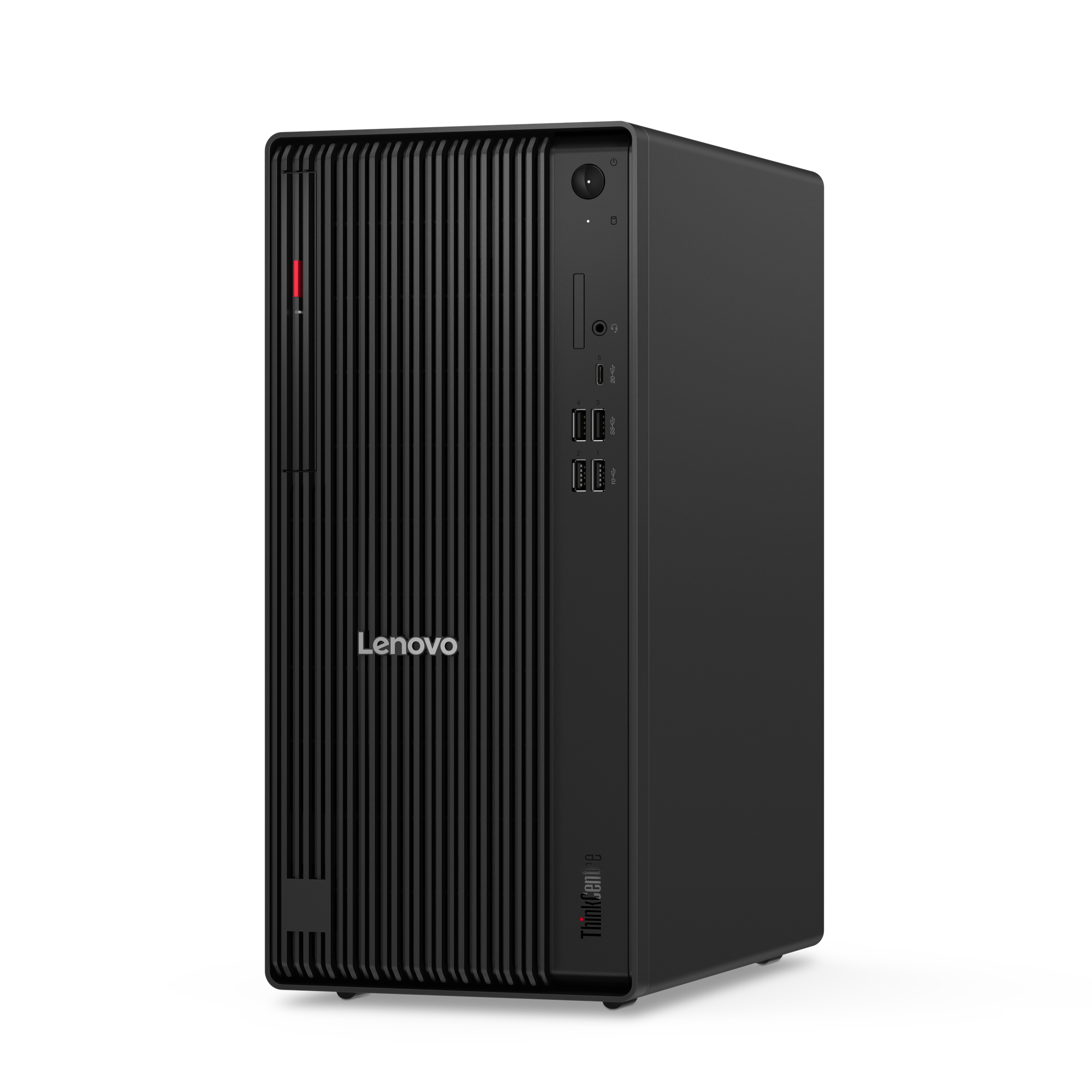 Schwarzer Lenovo ThinkCentre Desktop-Computer. Vertikales Design mit roter Betriebsanzeige und Lenovo-Branding.