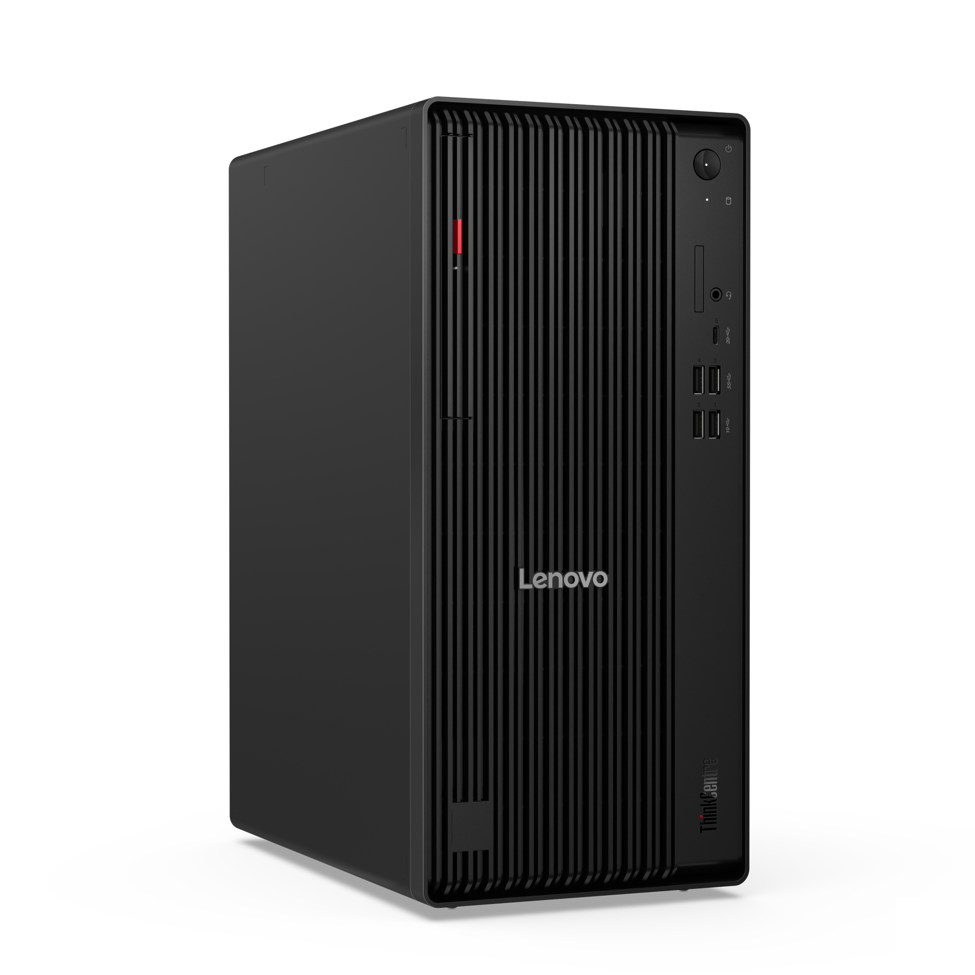 Schwarzer Lenovo ThinkCentre Desktop-Computer. Vertikale Linien vorne, Power-Taste, USB-Anschlüsse und Lenovo-Logo sichtbar.