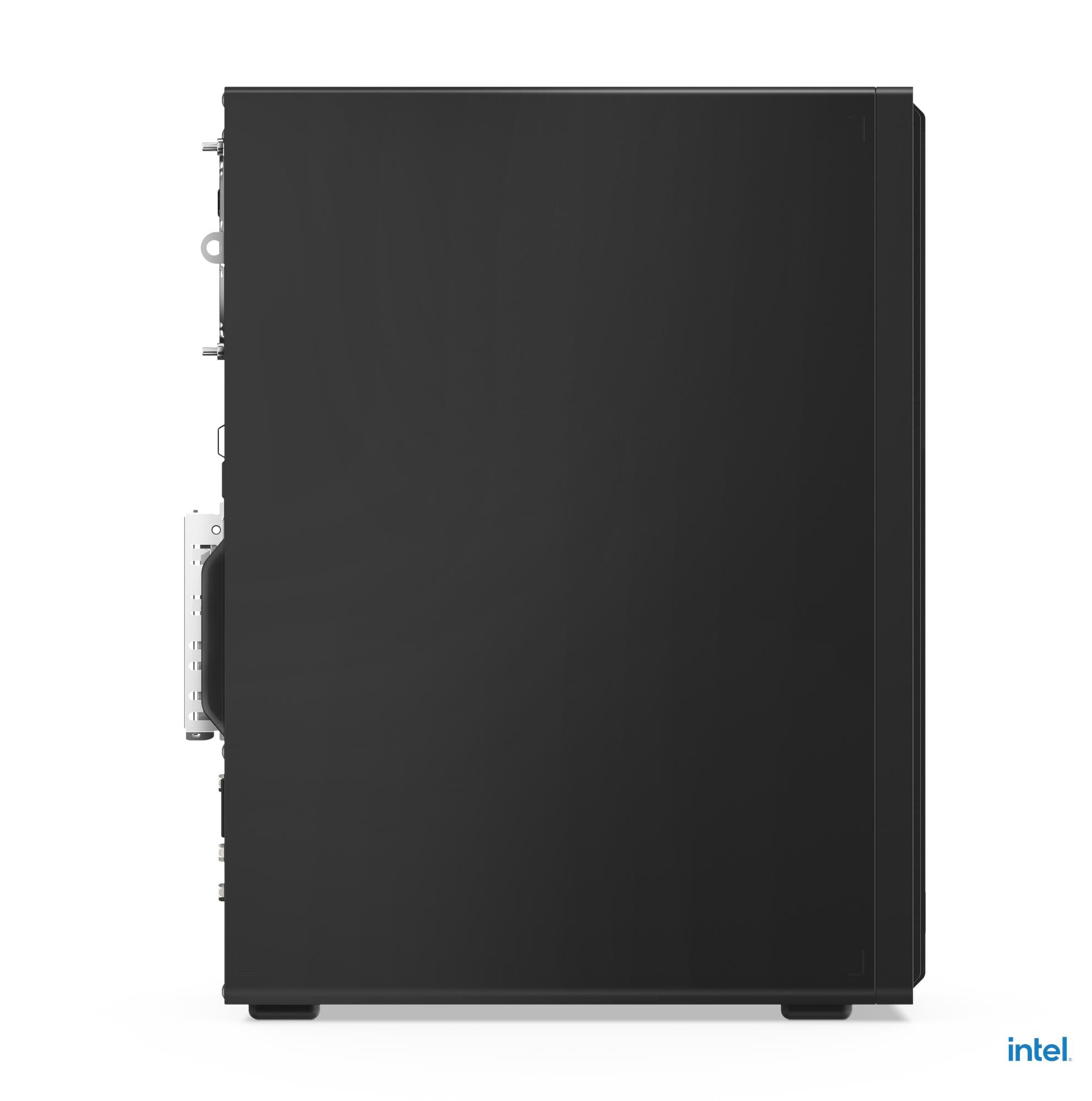 Seitenansicht eines schwarzen Desktop-Computergehäuses auf weißem Hintergrund. Das Intel-Logo befindet sich unten.