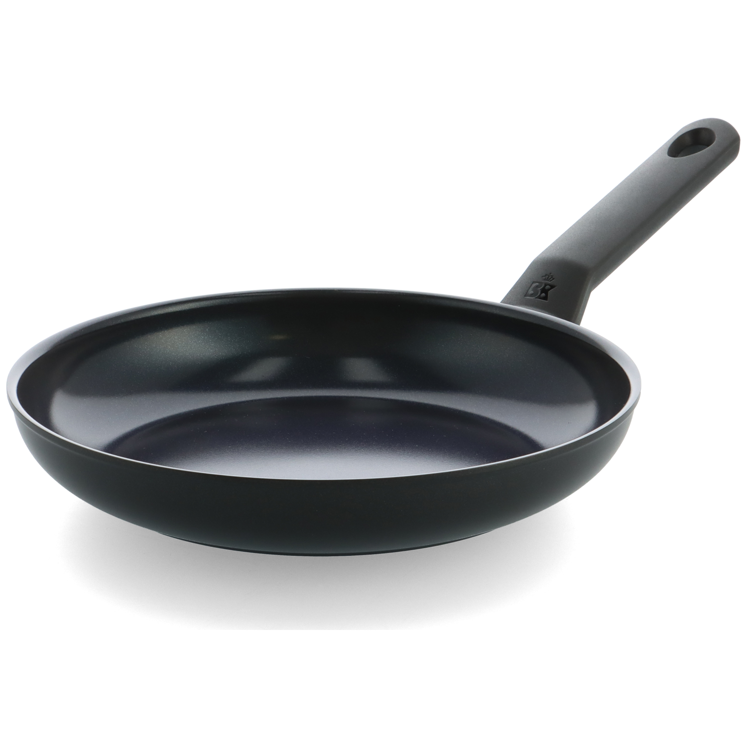 A black frying pan with a long handle on a white background. The pan is empty and has a non-stick surface. The handle is gray.