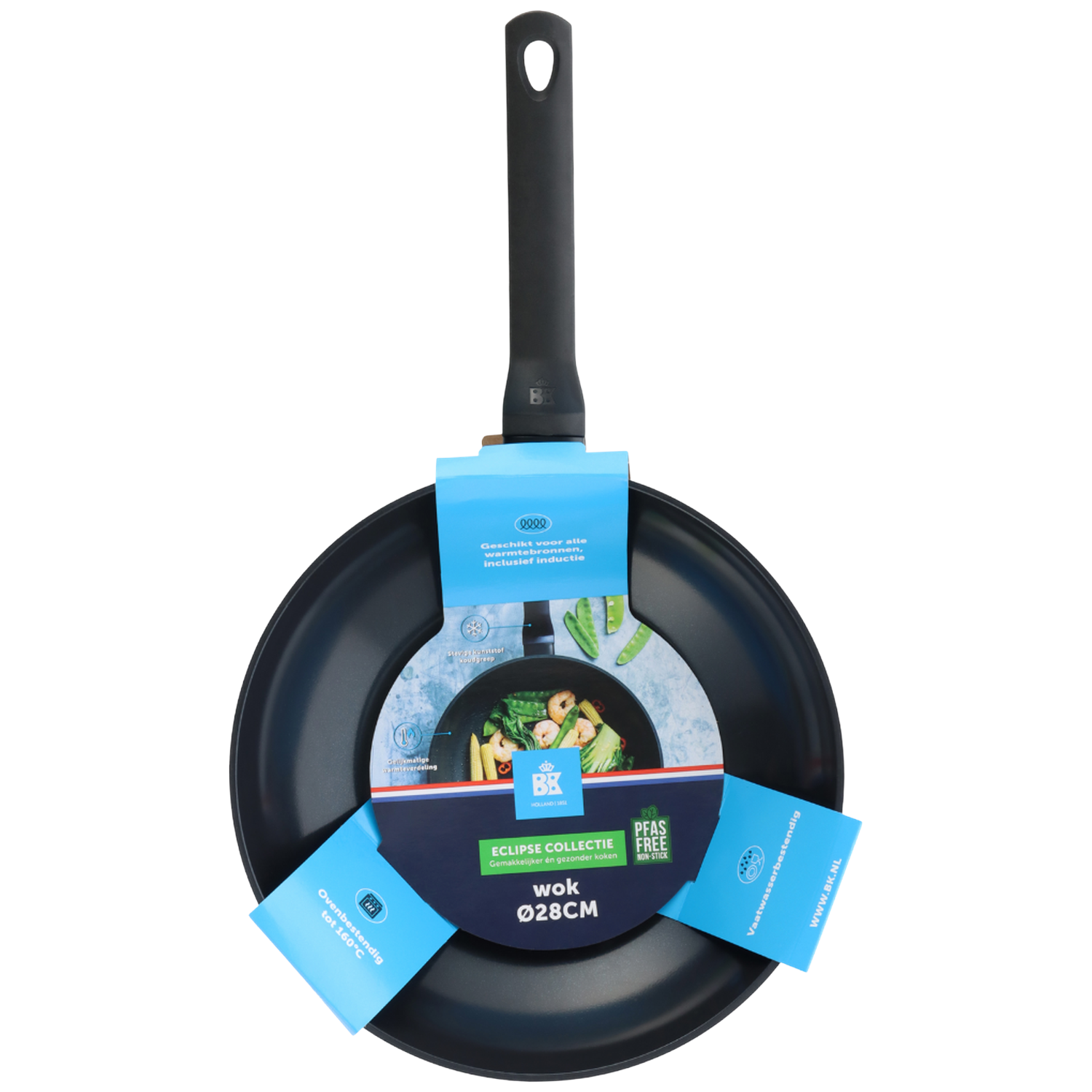 A black wok pan with a handle and blue labels. The labels provide information about the pan and its features.
