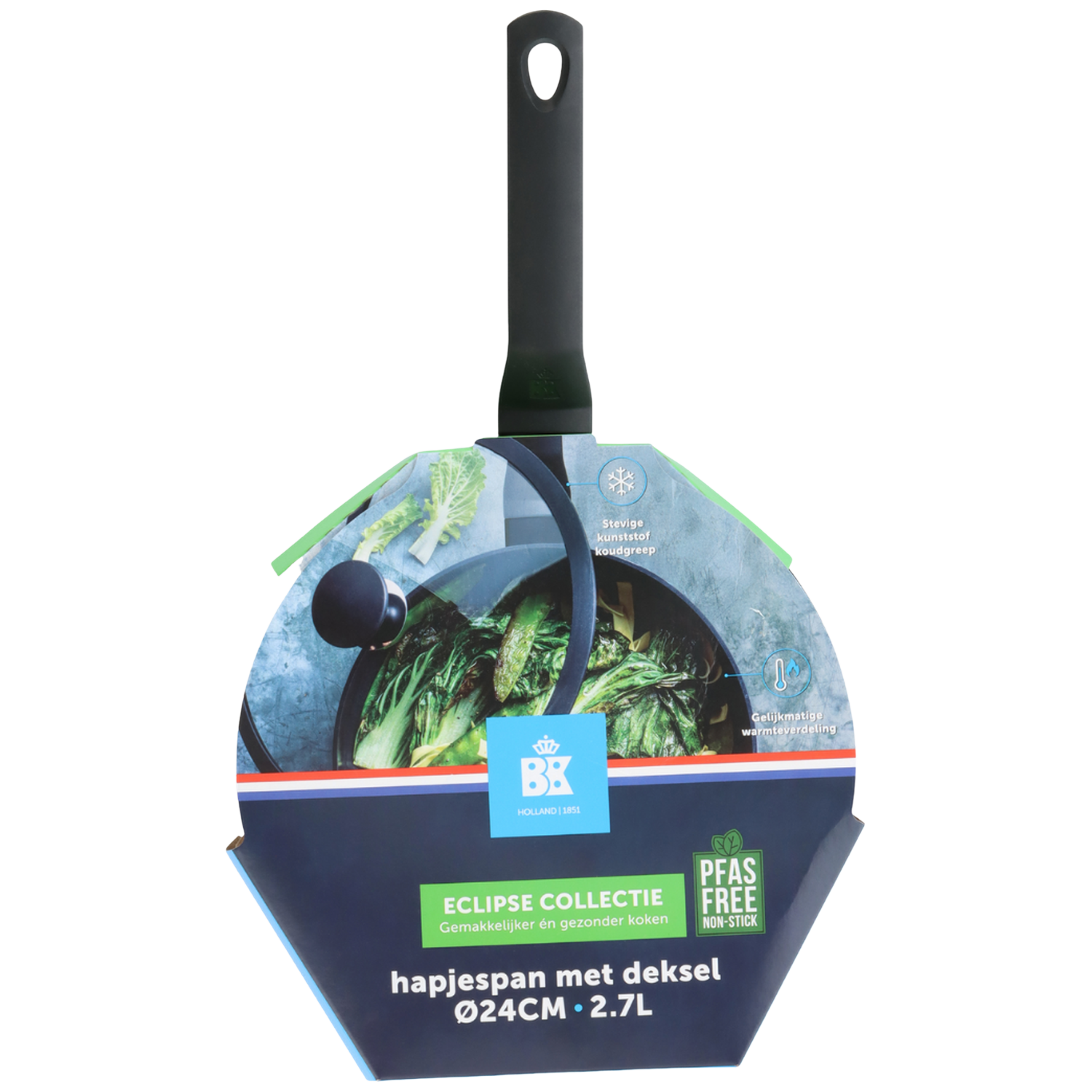 A frying pan with a lid and a black handle. The label says: Eclipse Collection, PFAS Free, and Ø24CM • 2.7L.