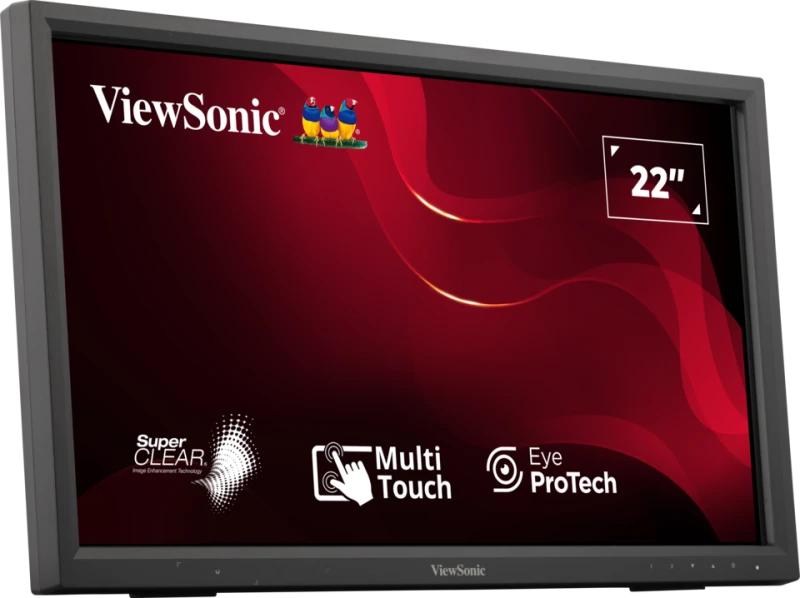 ViewSonic 22"-es érintőképernyős monitor piros háttérrel, madár logóval, érintés- és szemvédelmi funkciókkal.