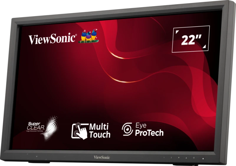 Egy ViewSonic 22" monitor. A képernyő piros hátteret mutat, a márkanévvel és olyan funkciók ikonjaival, mint a multi-touch és a szemvédelem.