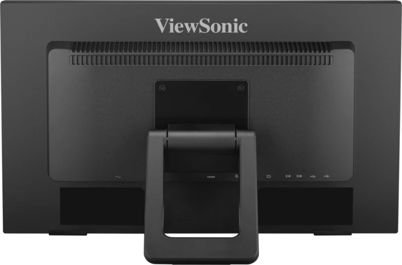 Egy ViewSonic monitor hátulja. Fekete, a márkanevet felül. A képernyőt egy állvány tartja.