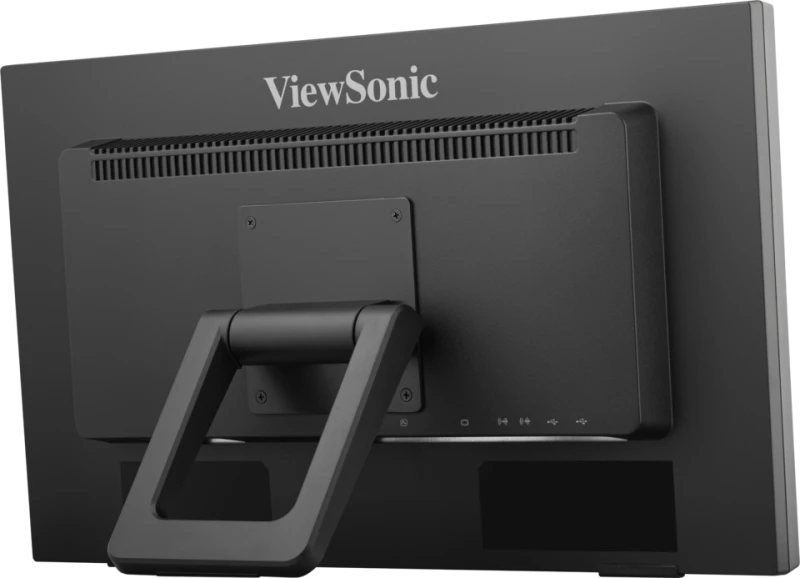 Egy fekete ViewSonic monitor hátulról. Állványa, szellőzőnyílásai és portjai vannak. Látható a ViewSonic logója.