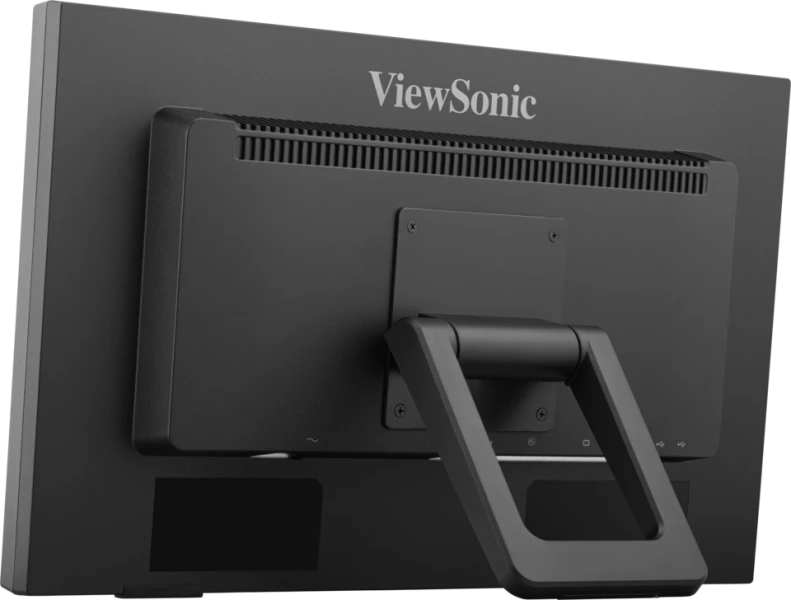 Egy fekete ViewSonic monitor hátulja látható. Egy fekete állvány tartja. A ViewSonic logó felül látható.